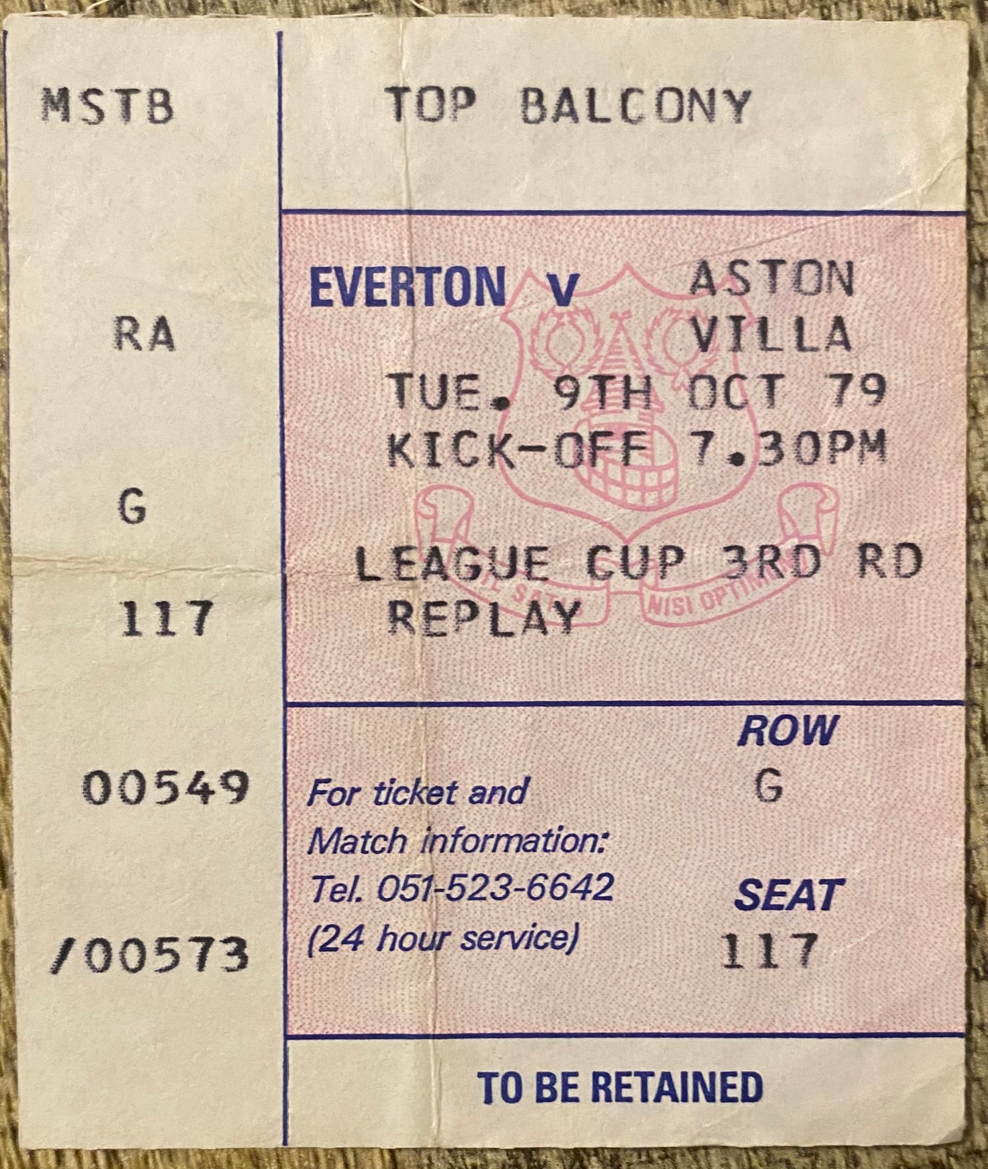 1979/80 ORIGINAL LEAGUE CUP 3RD ROUND REPLAY TICKET EVERTON V ASTON VILLA