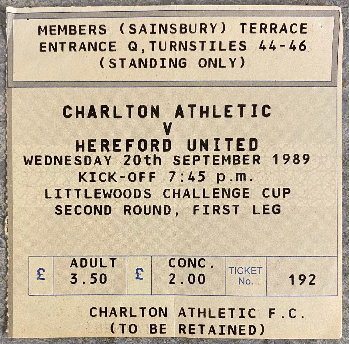 1989/90 ORIGINAL LITTLEWOODS CUP 2ND ROUND 1ST LEG TICKET CHARLTON ATHLETIC V HEREFORD UNITED