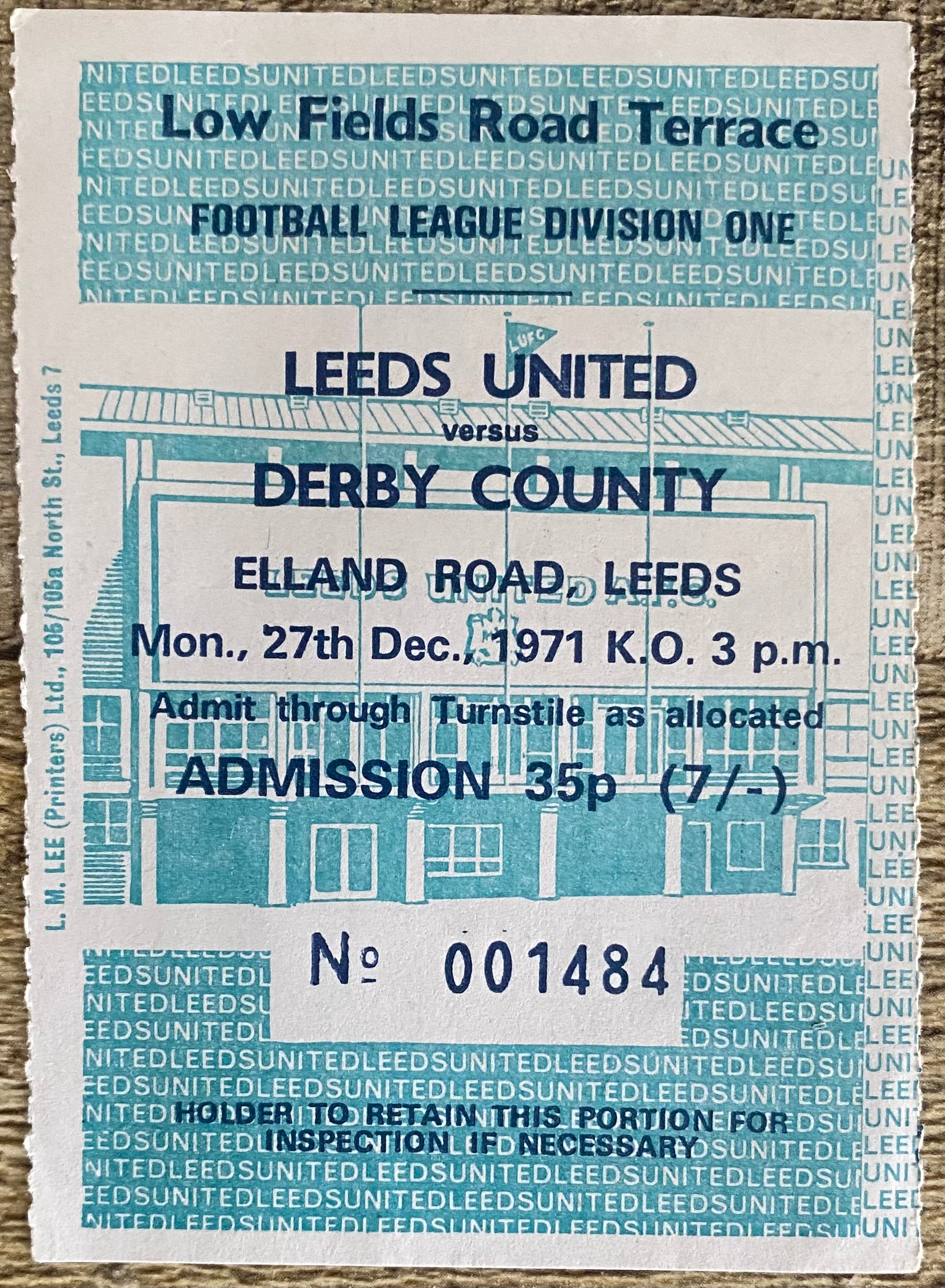 1971/72 ORIGINAL DIVISION ONE TICKET LEEDS UNITED V DERBY COUNTY