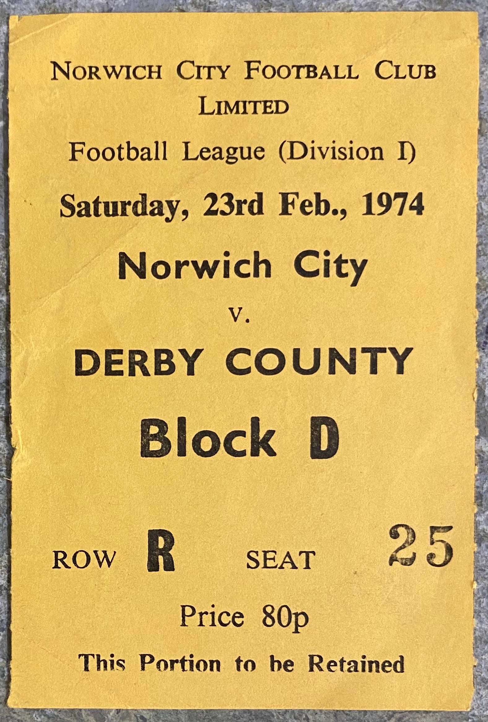 1973/74 ORIGINAL DIVISION 1 TICKET NORWICH CITY V DERBY COUNTY