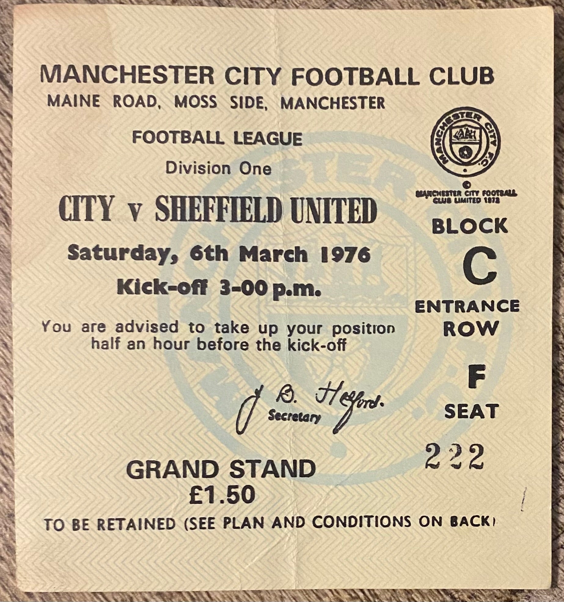 1975/76 ORIGINAL DIVISION 1 TICKET MANCHESTER CITY V SHEFFIELD UNITED