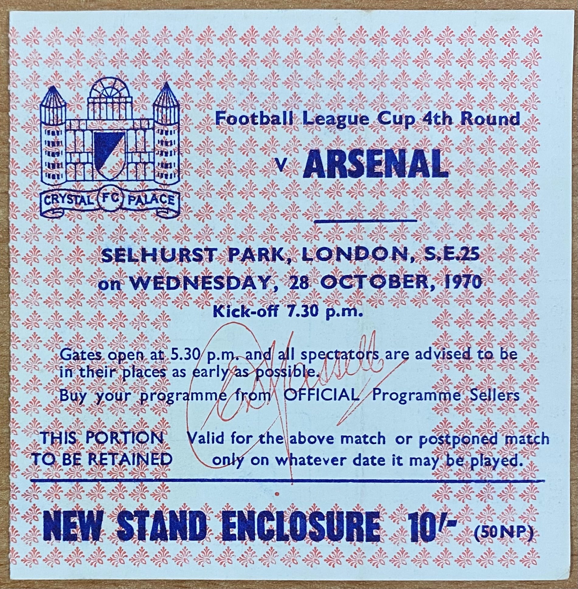 1970/71 ORIGINAL LEAGUE CUP 4TH ROUND TICKET CRYSTAL PALACE V ARSENAL