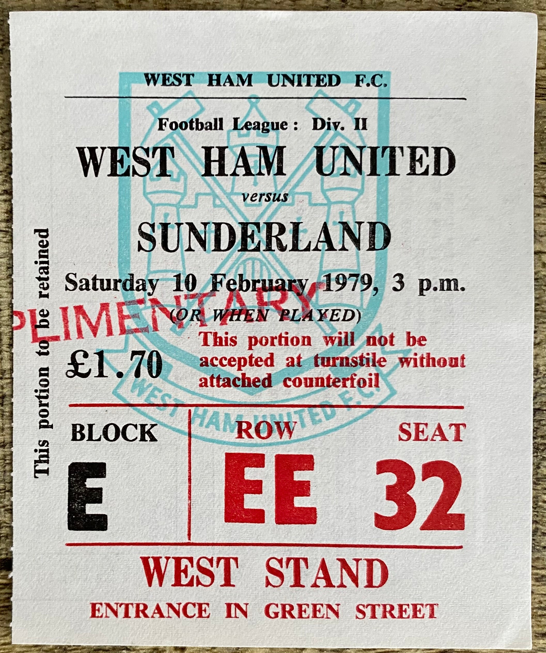 1978/79 ORIGINAL DIVISION 2 TICKET WEST HAM UNITED V SUNDERLAND