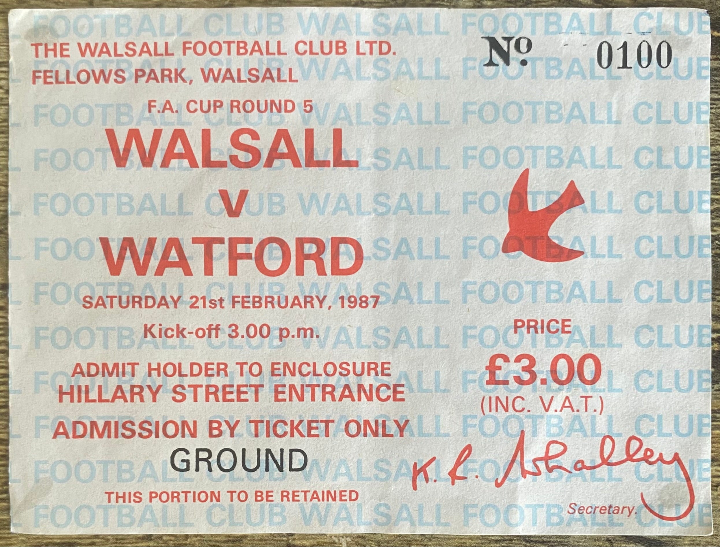 1986/87 ORIGINAL FA CUP 5TH ROUND TICKET WALSALL V WATFORD