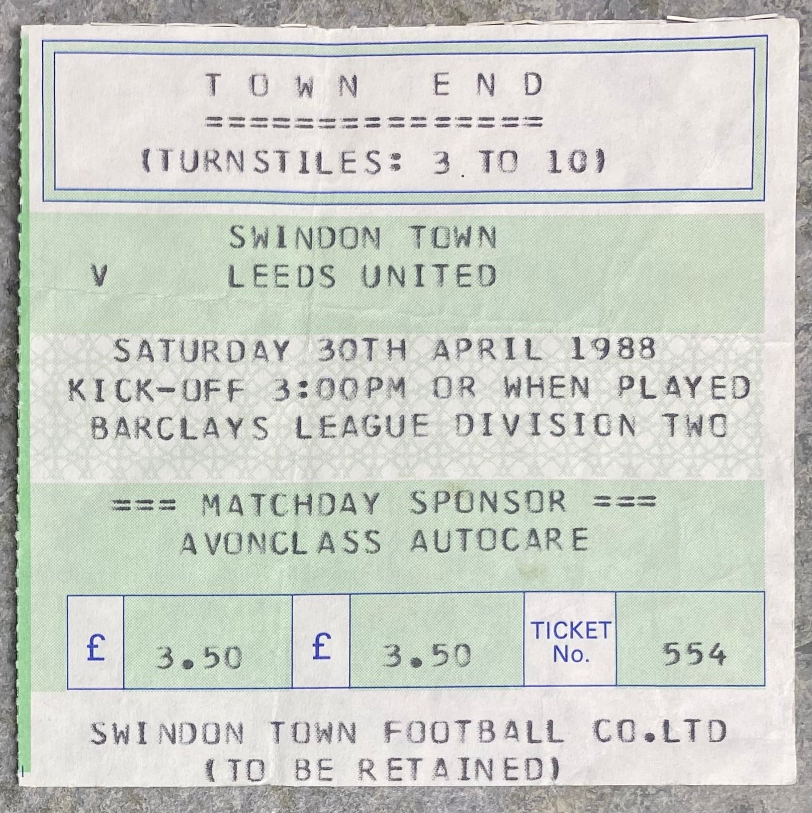 1987/88 ORIGINAL DIVISION TWO TICKET SWINDON TOWN V LEEDS UNITED