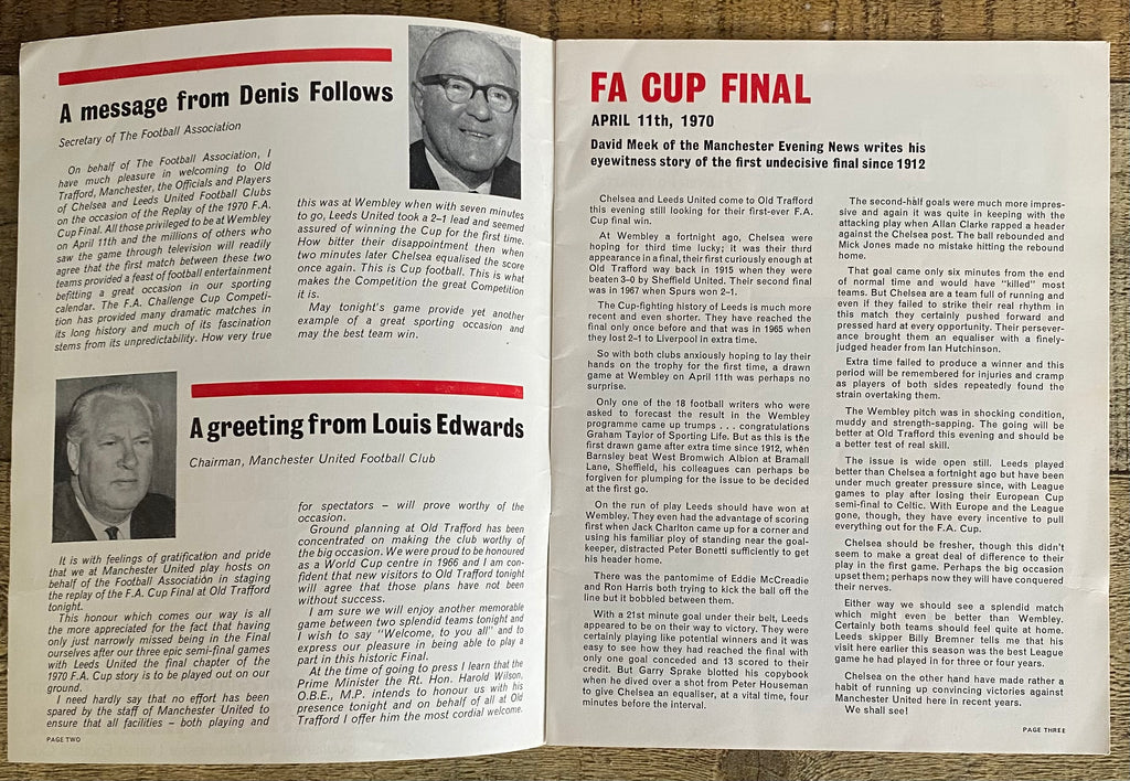 1970 ORIGINAL FA CUP FINAL REPLAY PROGRAMME CHELSEA V LEEDS UNITED @ OLD TRAFFORD