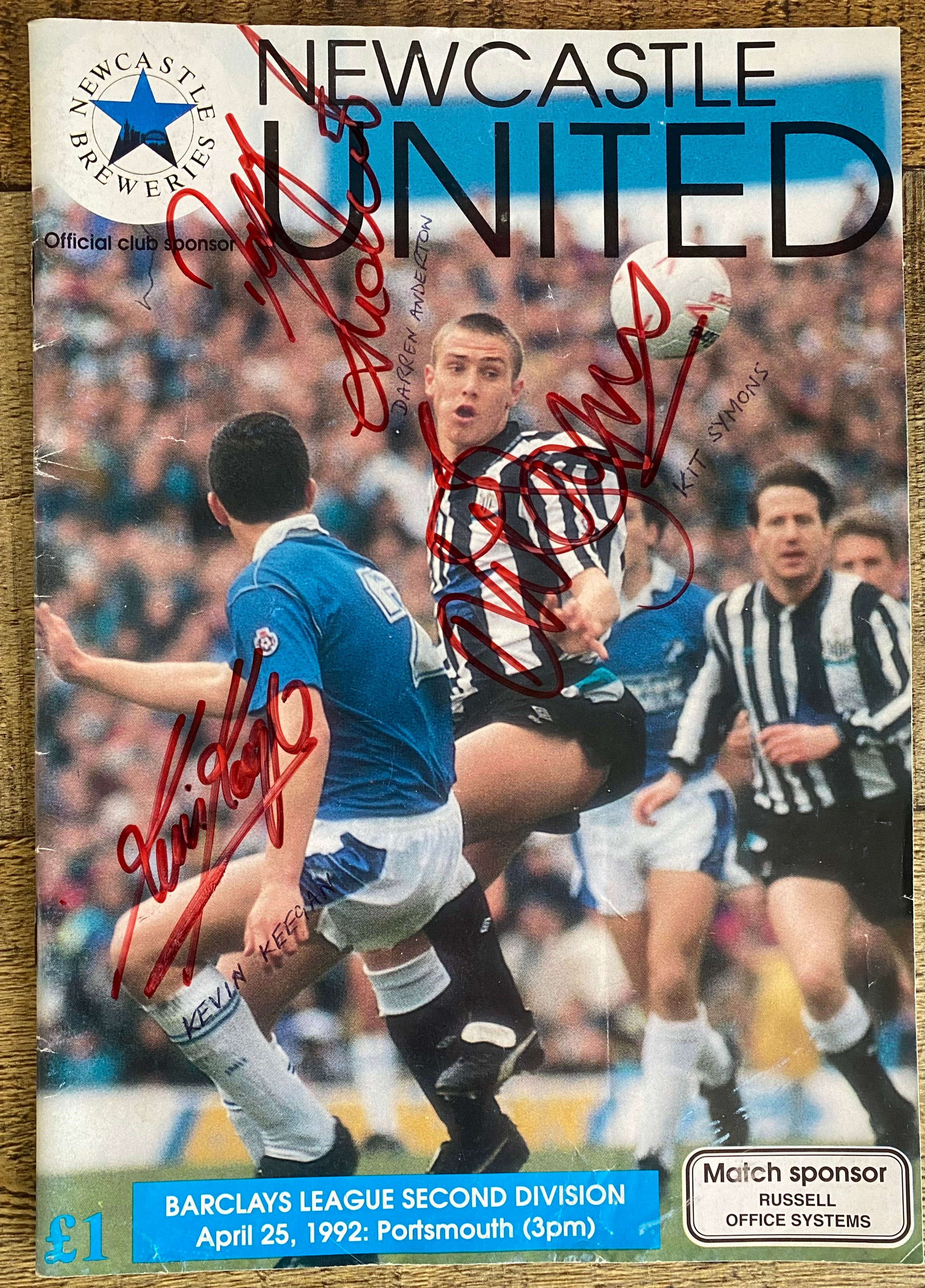 1991/92 ORIGINAL DIVISION 2 SIGNED MATCH PROGRAMME NEWCASTLE UNITED V PORTSMOUTH.(KEEGAN)