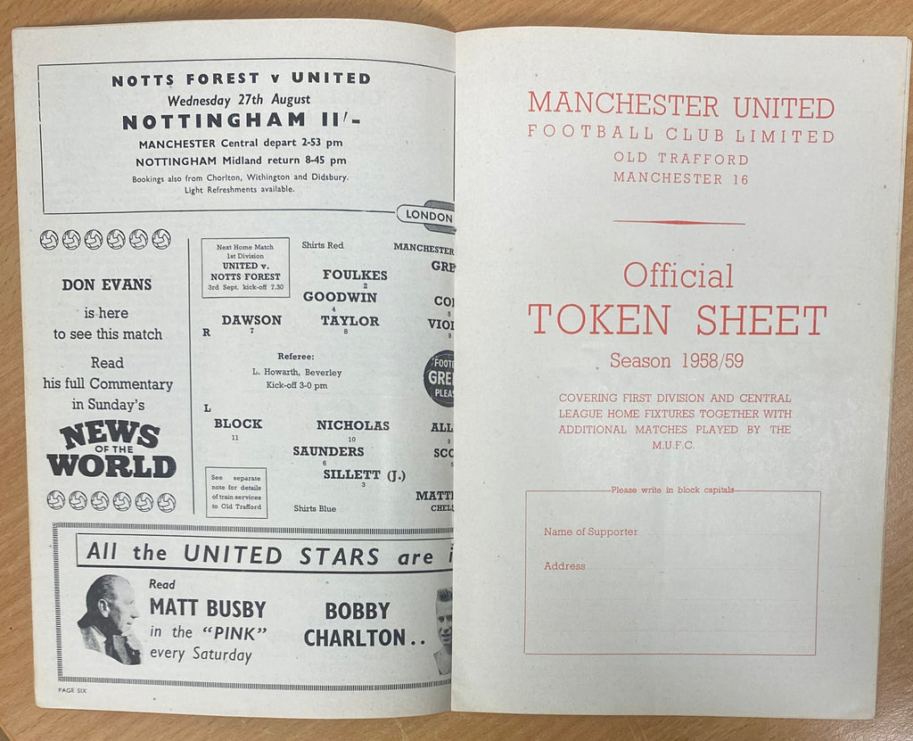 1958/59 ORIGINAL DIVISION ONE PROGRAMME MANCHESTER UNITED V CHELSEA (WITH TOKEN SHEET)