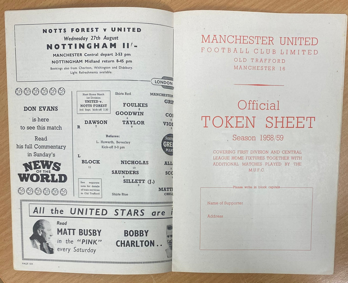 1958/59 ORIGINAL DIVISION ONE PROGRAMME MANCHESTER UNITED V CHELSEA (WITH TOKEN SHEET)