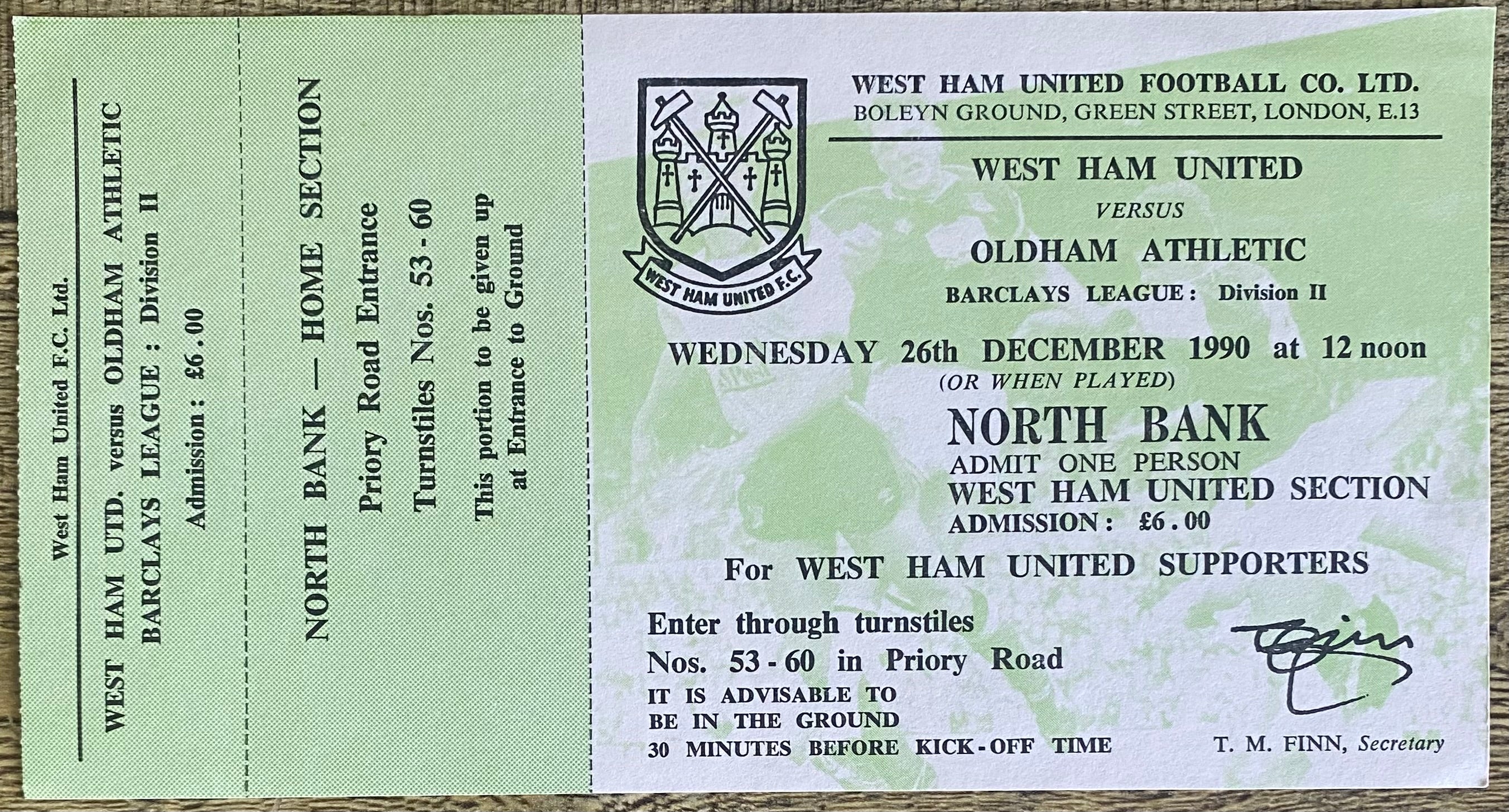 1990/91 ORIGINAL DIVISION 2 UNUSED TICKET WEST HAM UNITED V OLDHAM ATHLETIC
