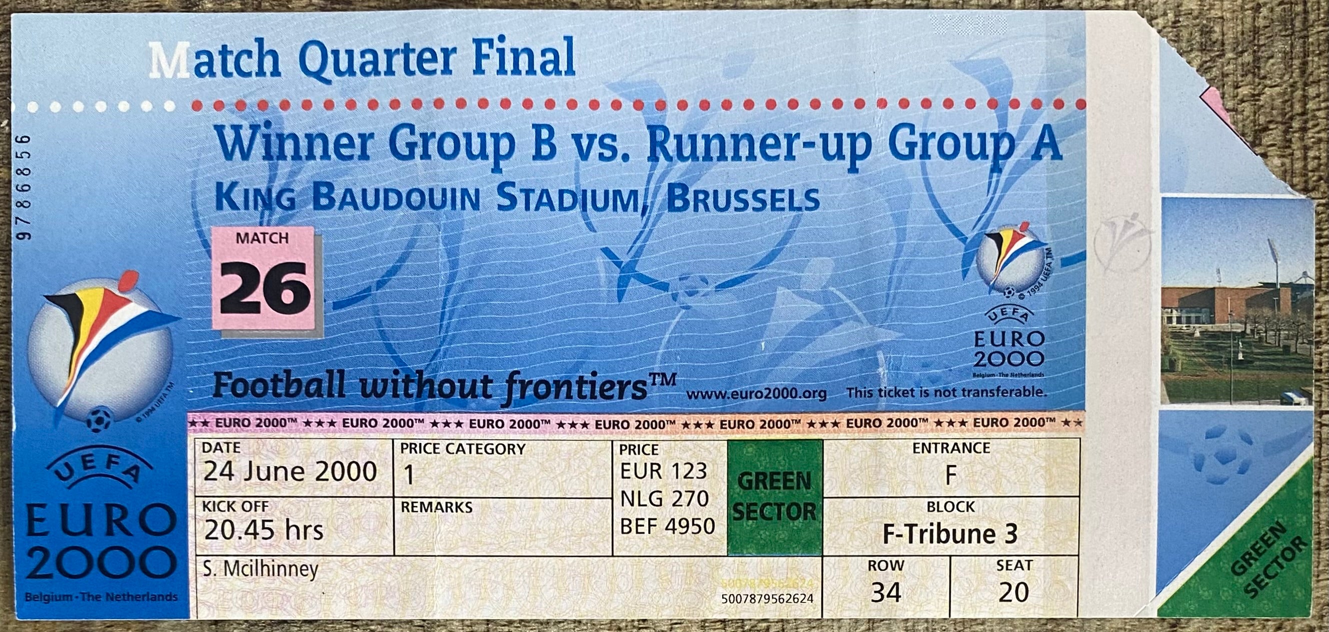2000 ORIGINAL EUROPEAN CHAMPIONSHIPS EURO 2000 QUARTER FINAL TICKET ITALY V ROMANIA @ BRUSSELS