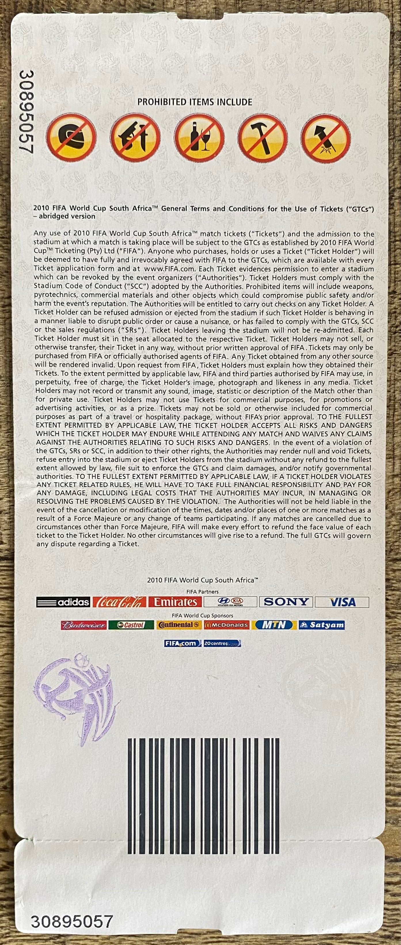 2010 ORIGINAL WORLD CUP 1ST ROUND TICKET ENGLAND V ALGERIA @ CAPE TOWN