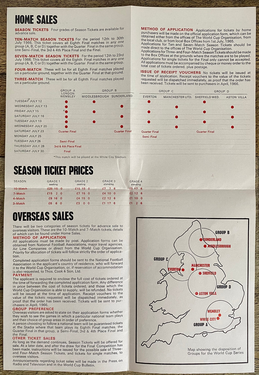 1966 WORLD CUP ORIGINAL OFFICIAL TICKET INFORMATION FOLD OUT BOOKLET