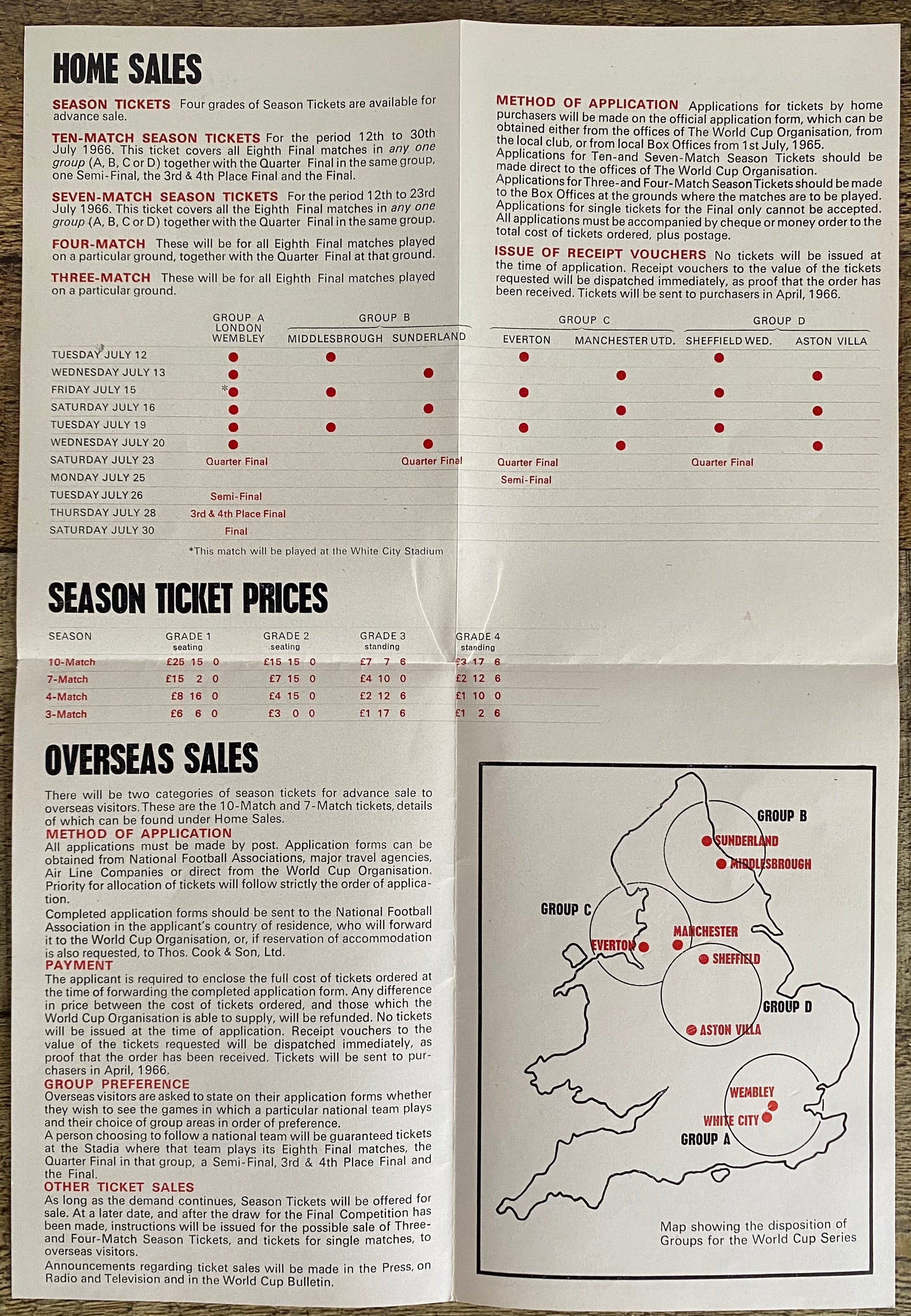 1966 WORLD CUP ORIGINAL OFFICIAL TICKET INFORMATION FOLD OUT BOOKLET