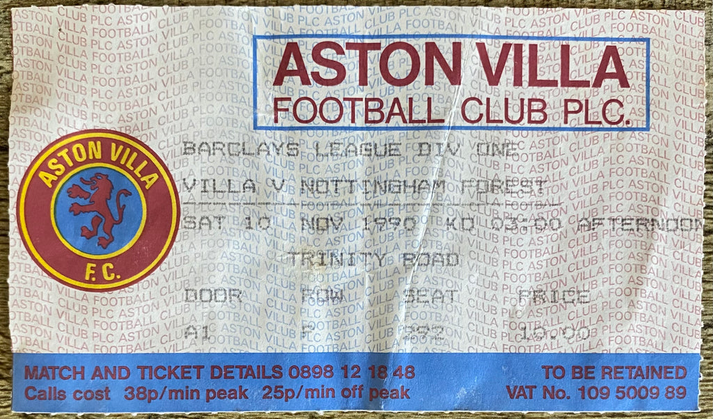 1990/91 ORIGINAL DIVISION 1 TICKET ASTON VILLA V NOTTINGHAM FOREST