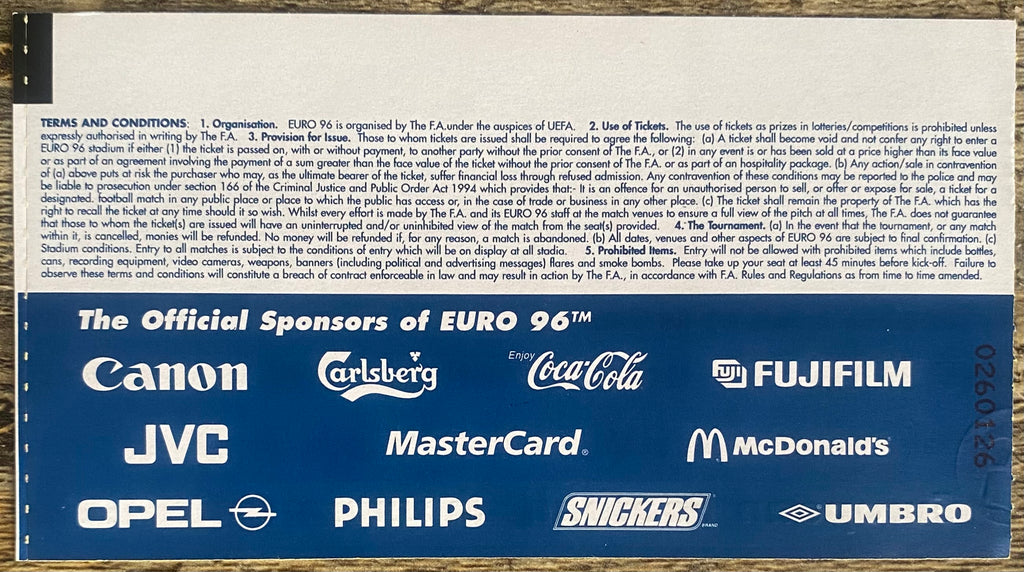 1996 ORIGINAL EUROPEAN CHAMPIONSHIPS EURO 96 QUARTER FINAL TICKET CZECH REPUBLIC V PORTUGAL @ VILLA PARK
