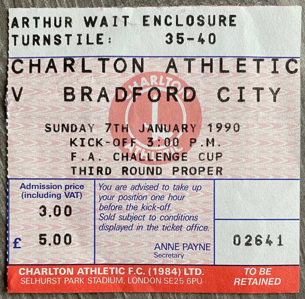 1989/90 ORIGINAL FA CUP 3RD ROUND TICKET CHARLTON ATHLETIC V BRADFORD CITY