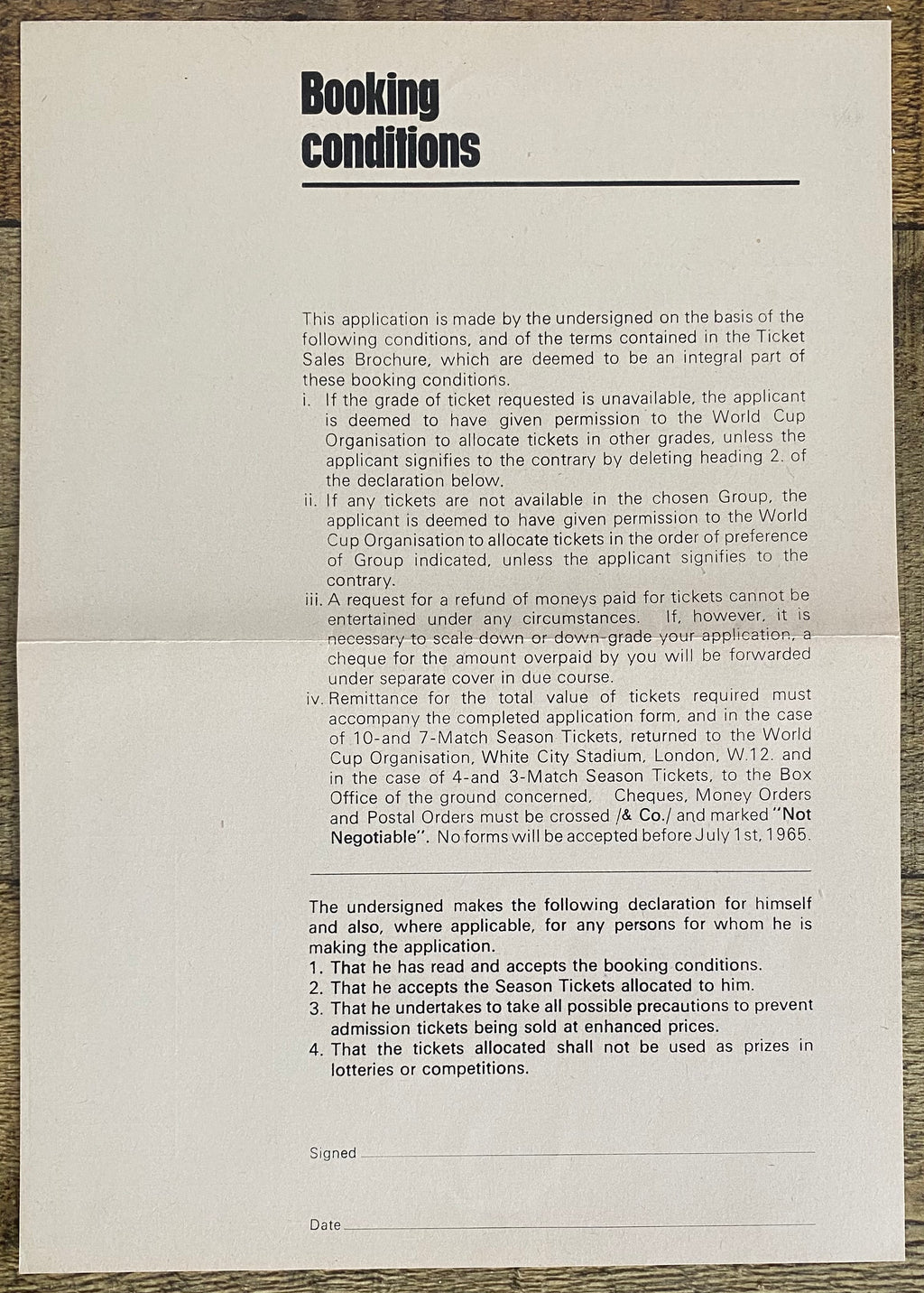 1966 WORLD CUP ORIGINAL OFFICIAL TICKET APPLICATION FORM
