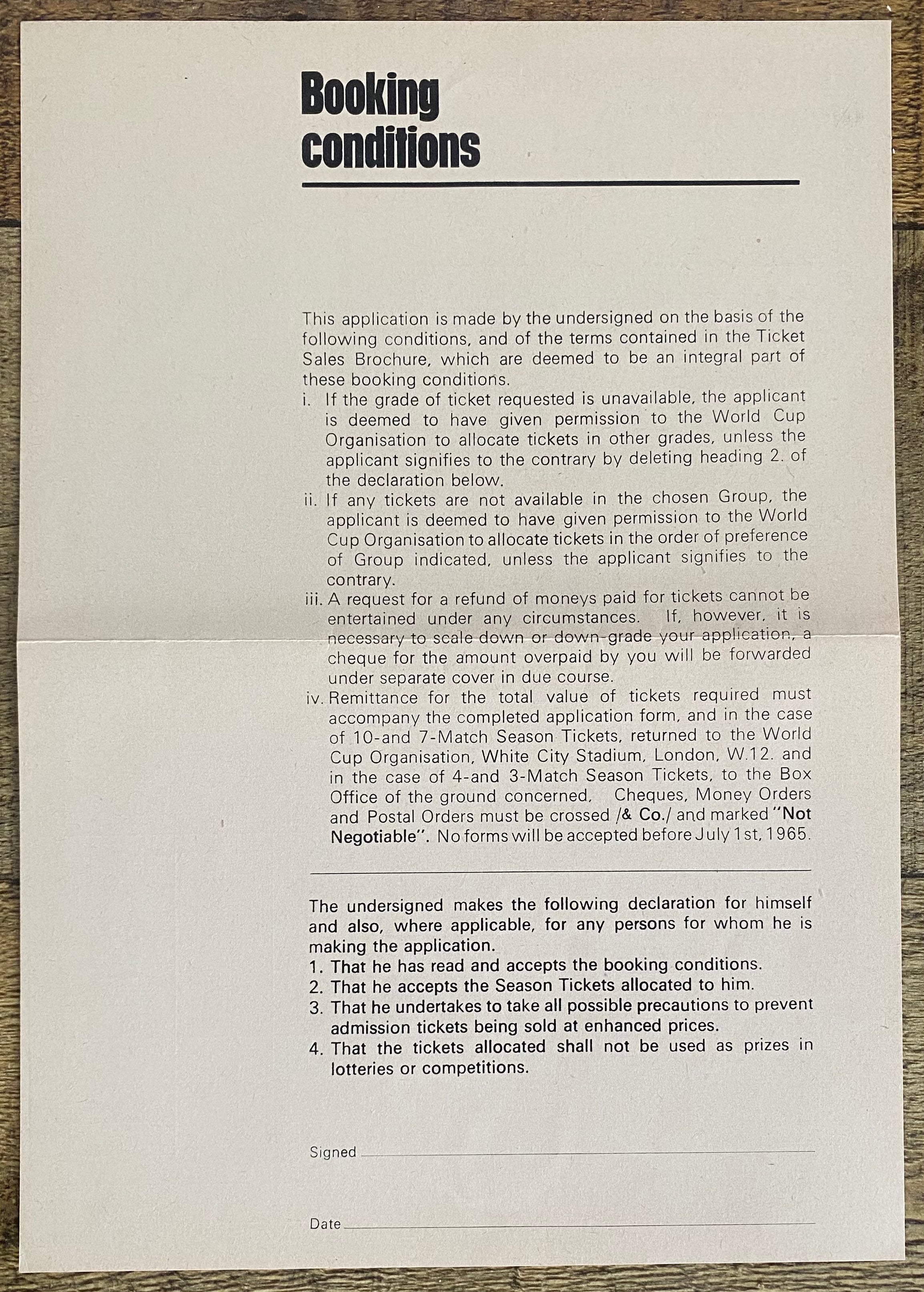 1966 WORLD CUP ORIGINAL OFFICIAL TICKET APPLICATION FORM
