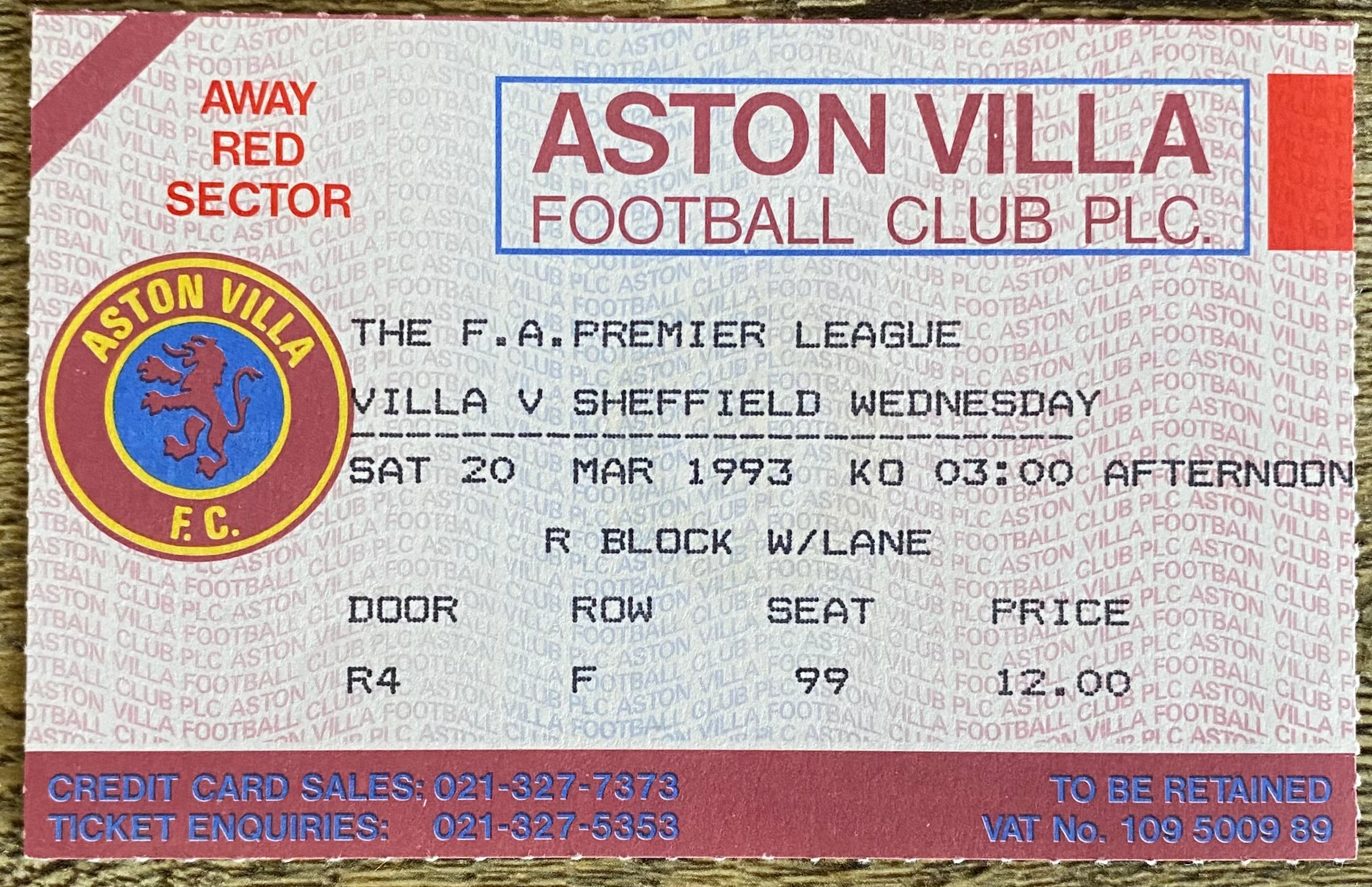 1992/93 ORIGINAL PREMIER LEAGUE TICKET ASTON VILLA V SHEFFIELD WEDNESDAY