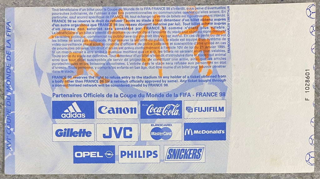 1998 ORIGINAL WORLD CUP 1ST ROUND TICKET ENGLAND V COLOMBIA @ LENS