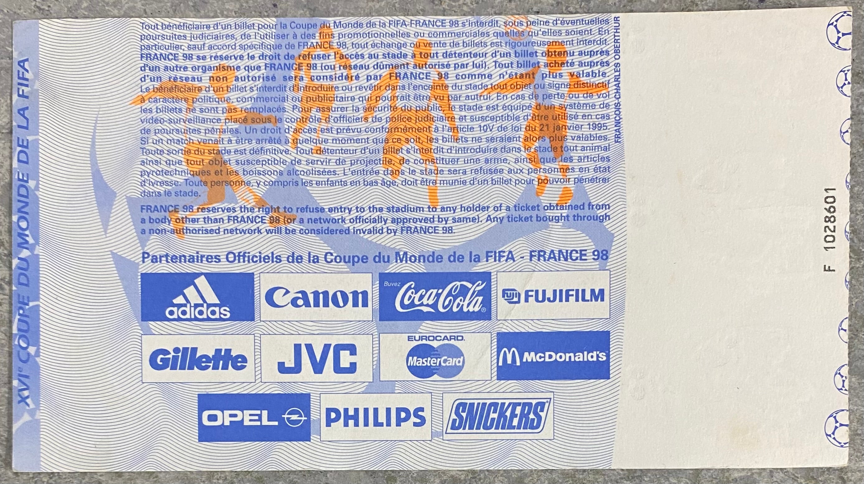 1998 ORIGINAL WORLD CUP 1ST ROUND TICKET ENGLAND V COLOMBIA @ LENS