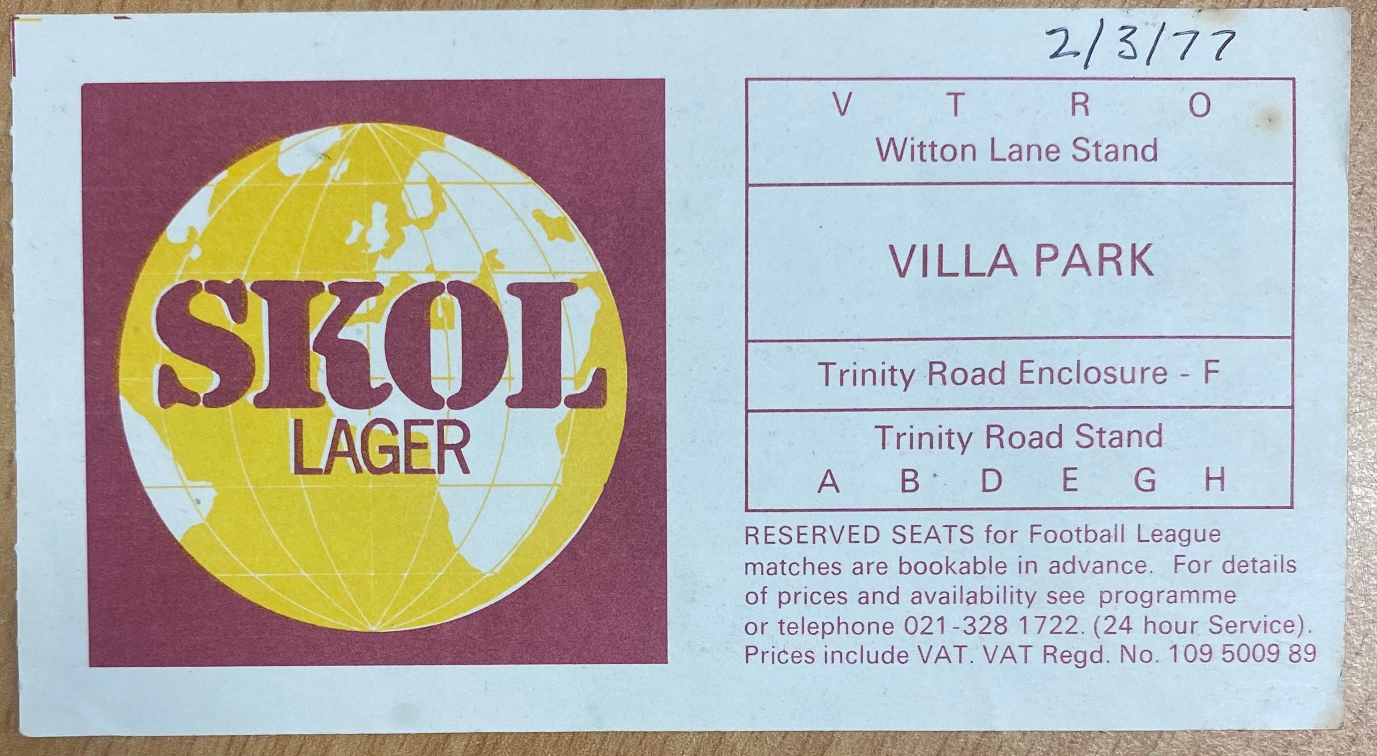 1976/77 ORIGINAL DIVISION 1 TICKET ASTON VILLA V DERBY COUNTY