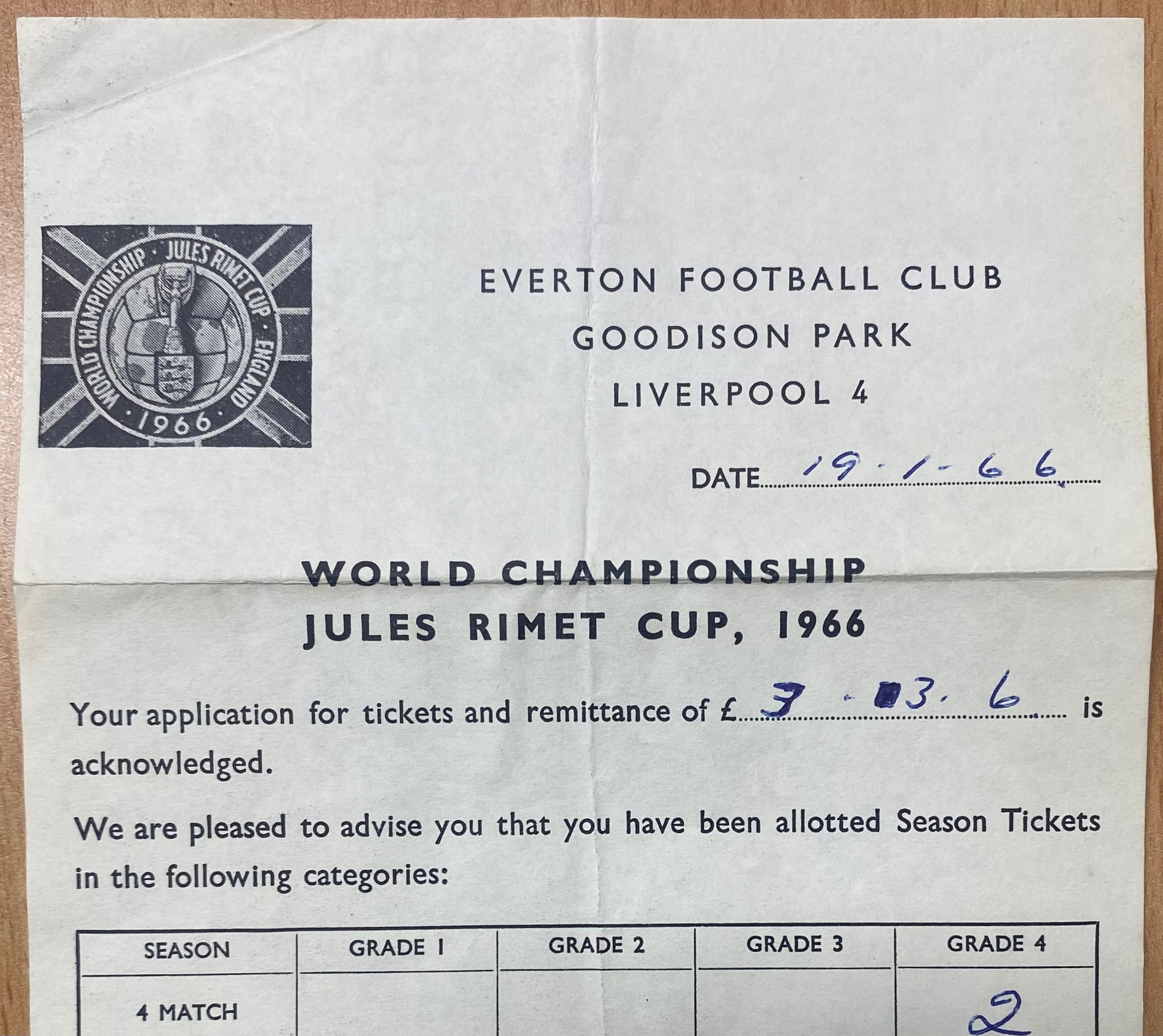 1966 WORLD CUP ORIGINAL OFFICIAL LETTER (TICKET SALES) FOR 4 MATCH TICKETS AT GOODISON PARK