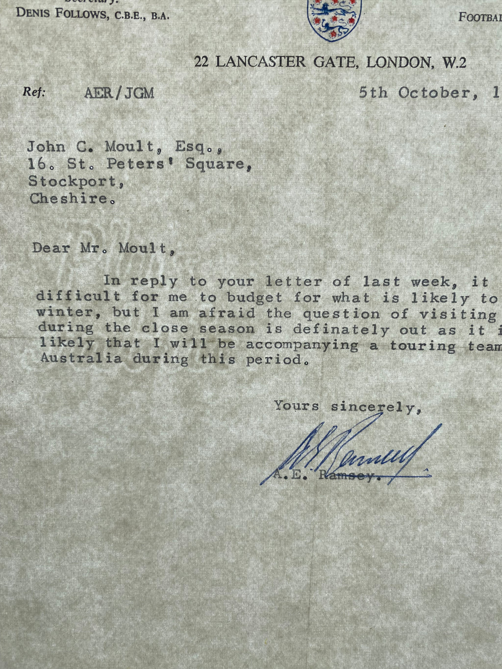1970 ORIGINAL OFFICIAL FOOTBALL ASSOCIATION LETTER SIGNED BY SIR ALF RAMSEY