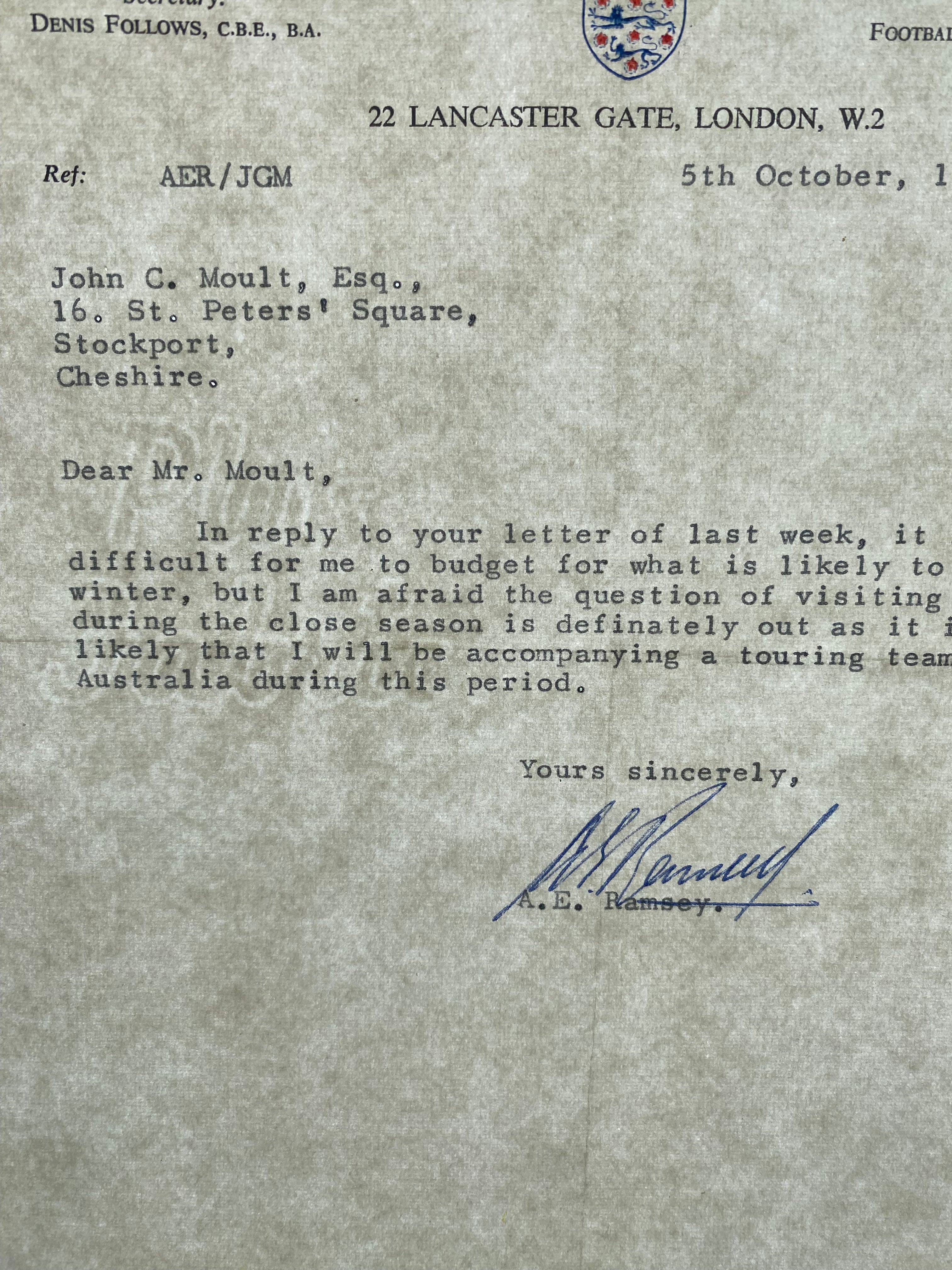 1970 ORIGINAL OFFICIAL FOOTBALL ASSOCIATION LETTER SIGNED BY SIR ALF RAMSEY