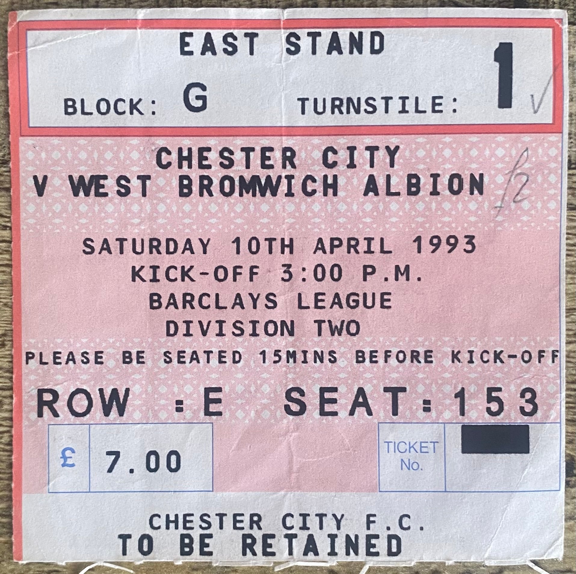 1992/93 ORIGINAL DIVISION 2 TICKET CHESTER CITY V WEST BROMWICH ALBION