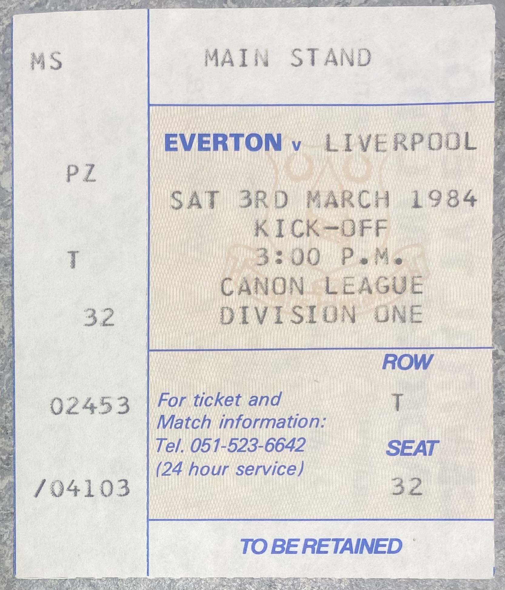 1983/84 ORIGINAL DIVISION ONE TICKET EVERTON V LIVERPOOL