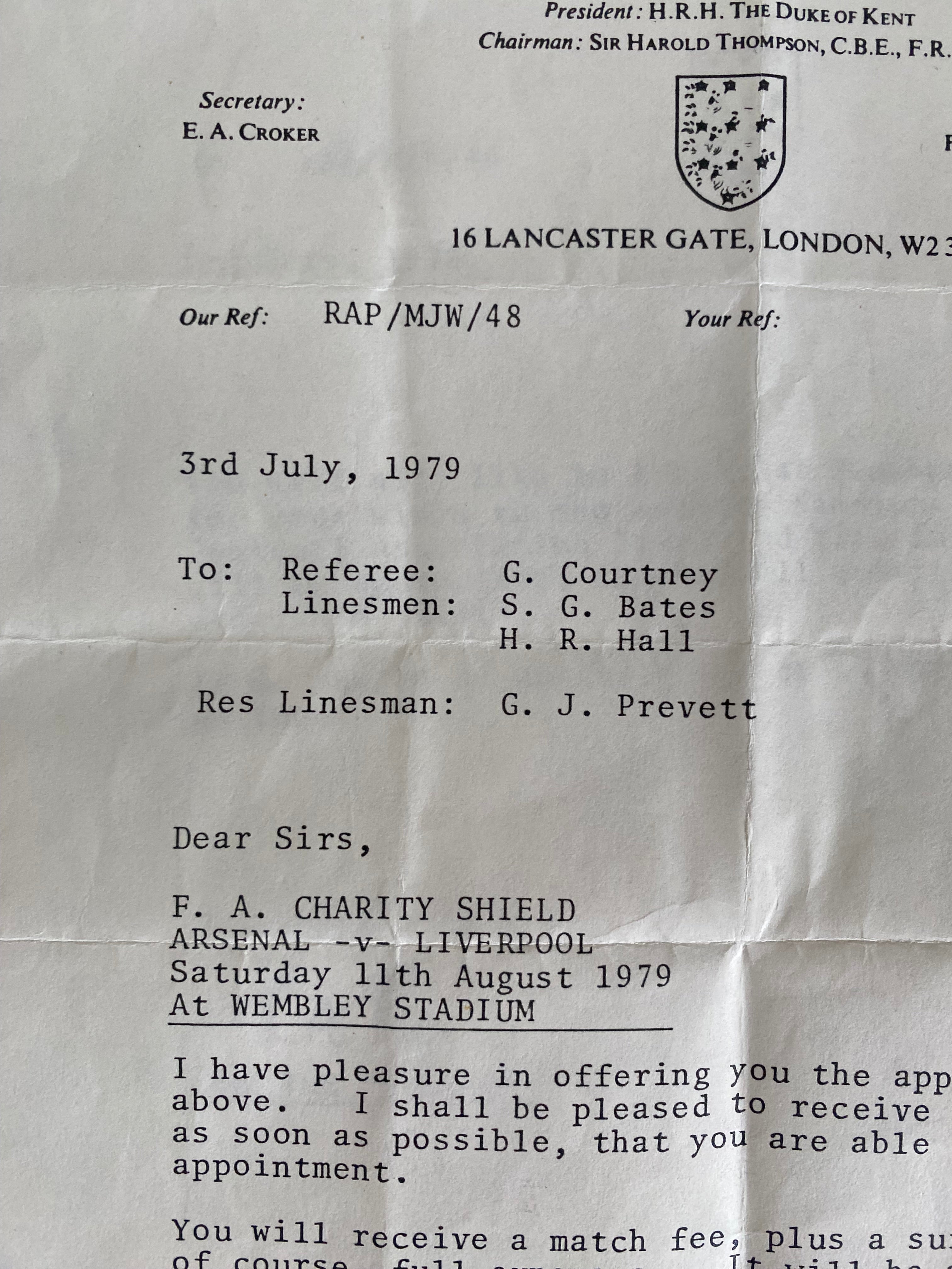 1979 ORIGINAL OFFICIAL FOOTBALL ASSOCIATION LETTER TO MATCH OFFICIALS FOR CHARITY SHIELD