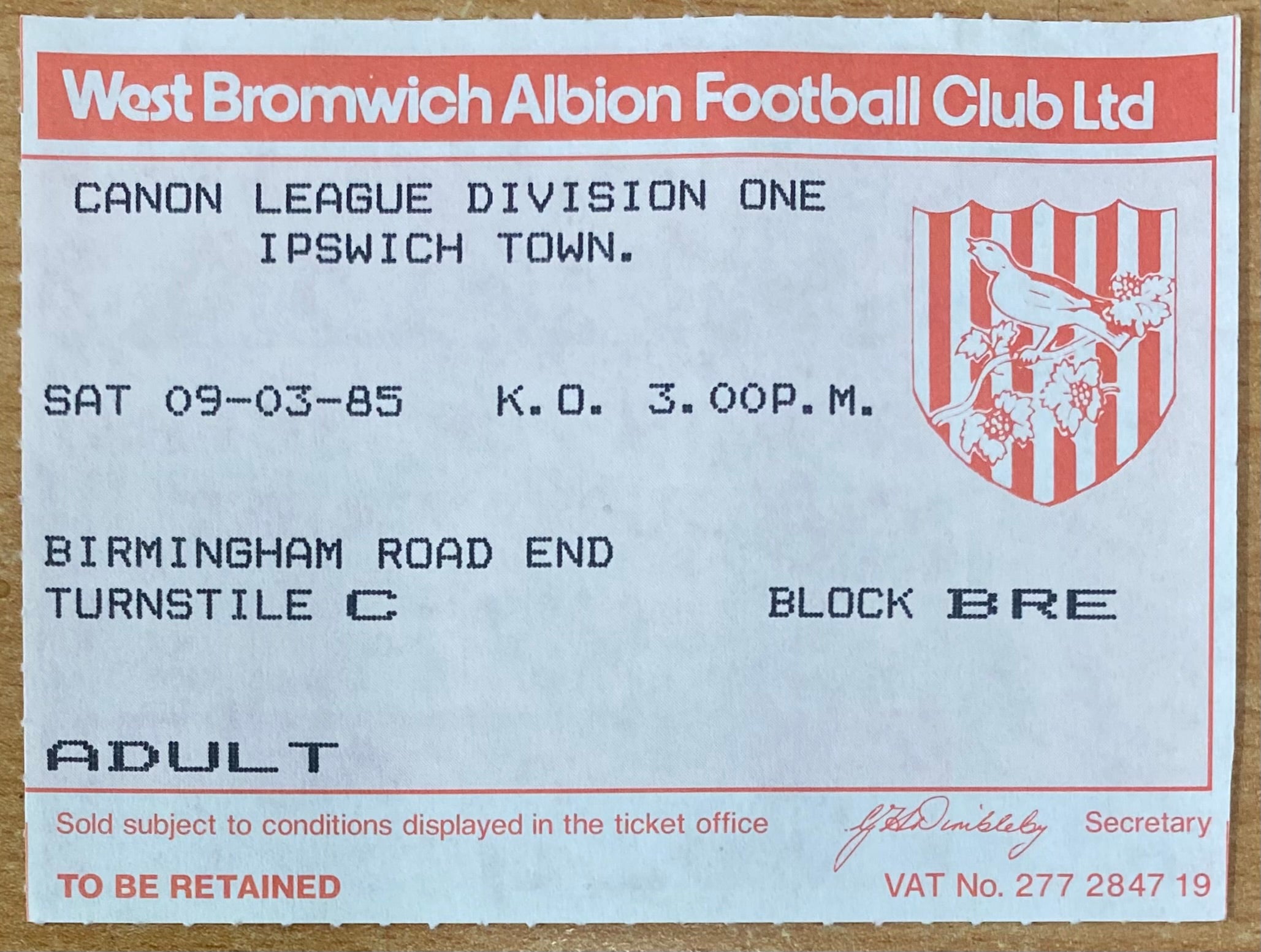1984/85 ORIGINAL DIVISION 1 TICKET WEST BROMWICH ALBION V IPSWICH TOWN