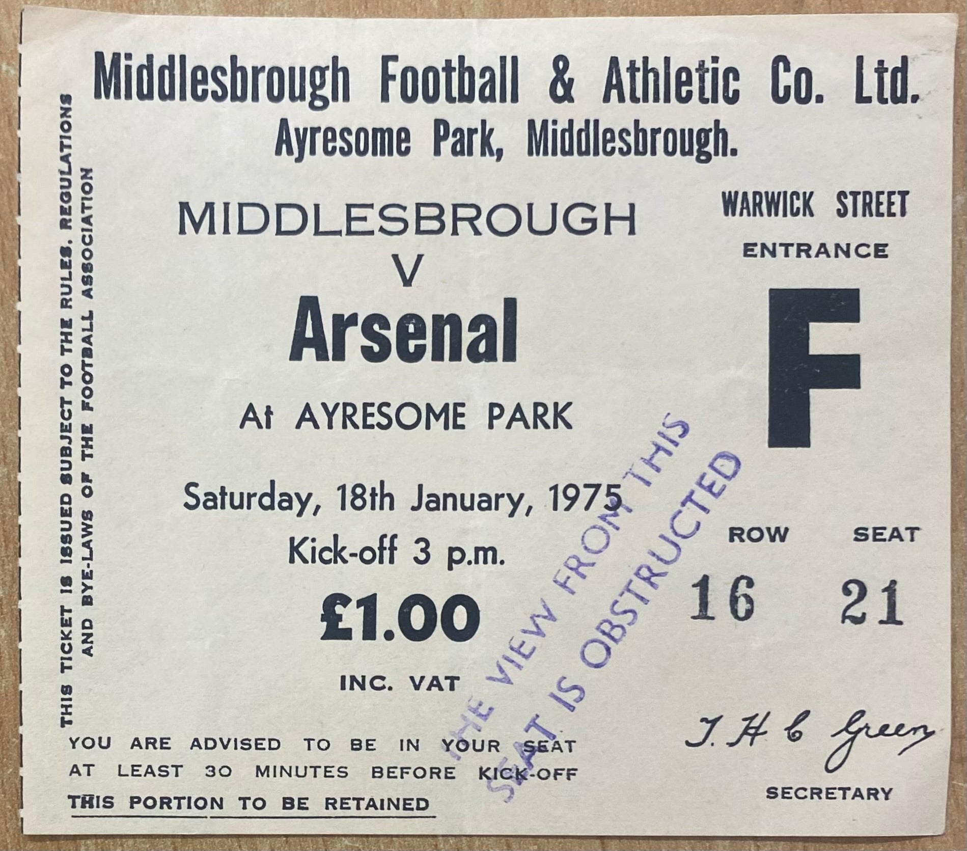 1974/75 ORIGINAL DIVISION ONE TICKET MIDDLESBROUGH V ARSENAL