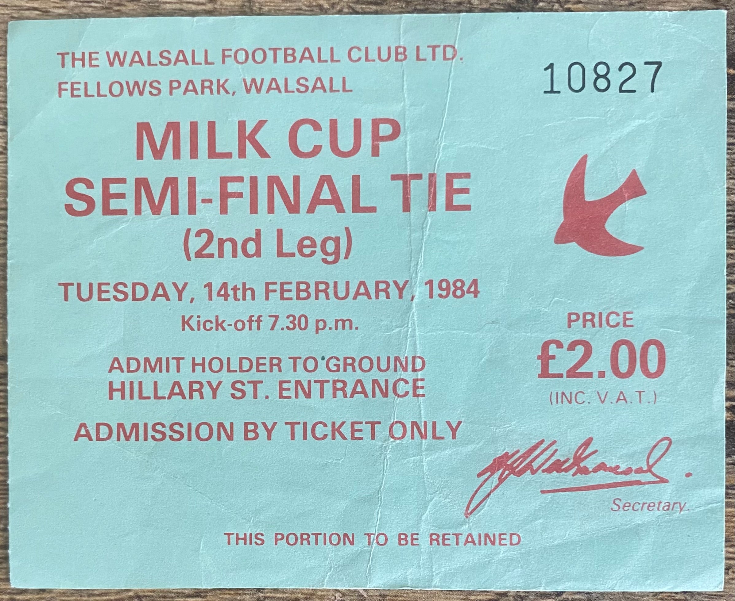 1983/84 ORIGINAL MILK CUP SEMI FINAL 2ND LEG TICKET WALSALL V LIVERPOOL