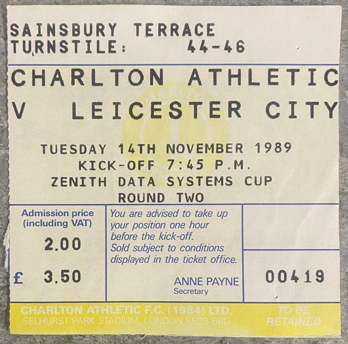 1989/90 ORIGINAL ZENITH DATA CUP 2ND ROUND TICKET CHARLTON ATHLETIC V LEICESTER CITY