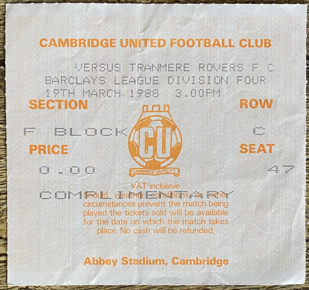 1987/88 ORIGINAL DIVISION 4 TICKET CAMBRIDGE UNITED V TRANMERE ROVERS