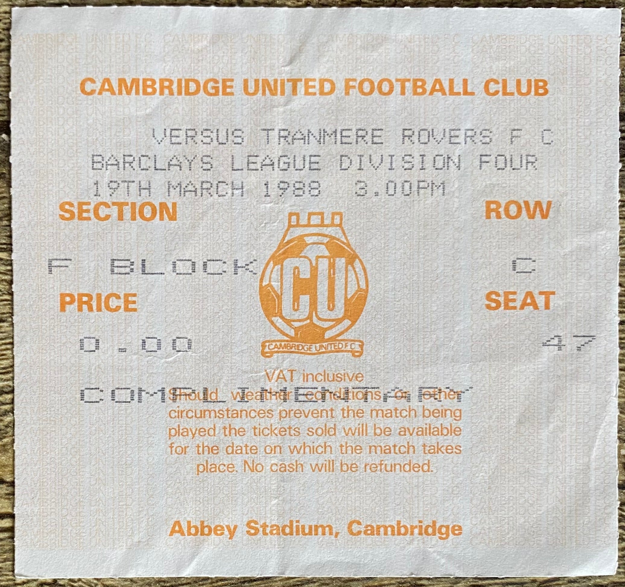 1987/88 ORIGINAL DIVISION 4 TICKET CAMBRIDGE UNITED V TRANMERE ROVERS