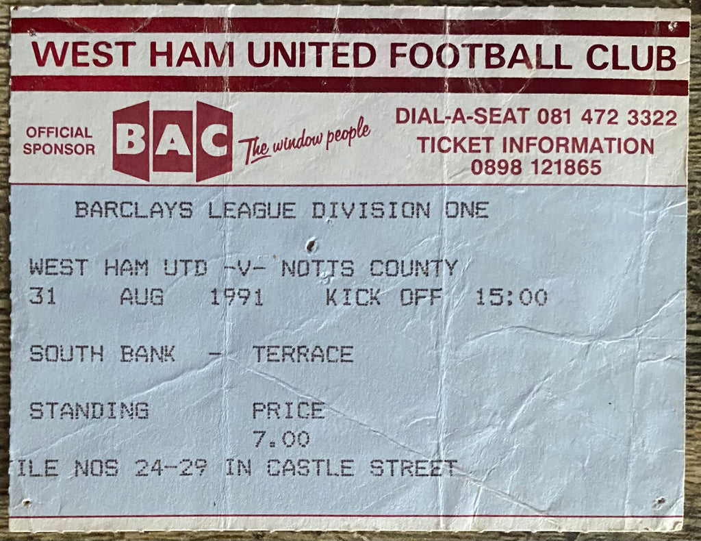 1991/92 ORIGINAL DIVISION 1 TICKET WEST HAM UNITED V NOTTS COUNTY