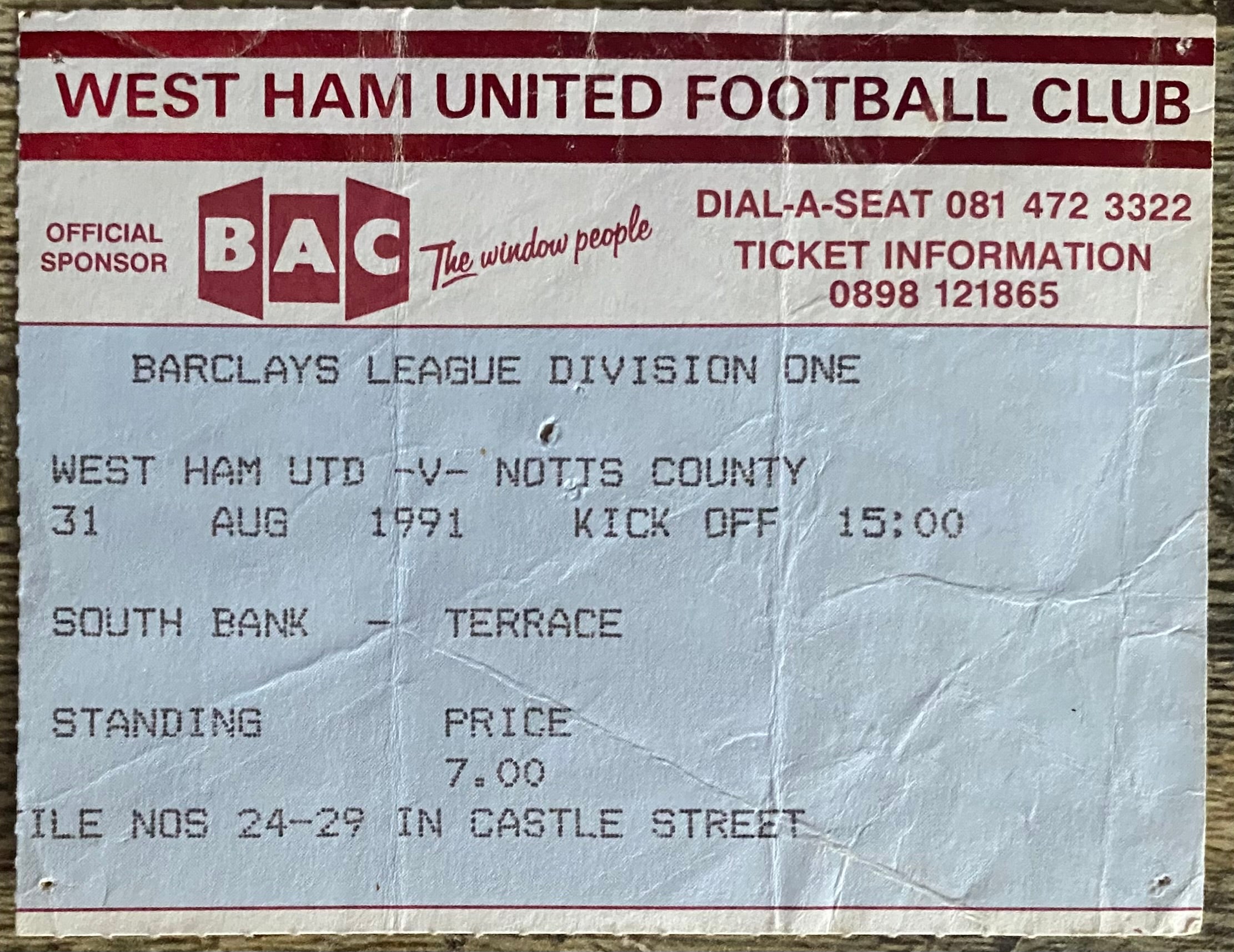 1991/92 ORIGINAL DIVISION 1 TICKET WEST HAM UNITED V NOTTS COUNTY