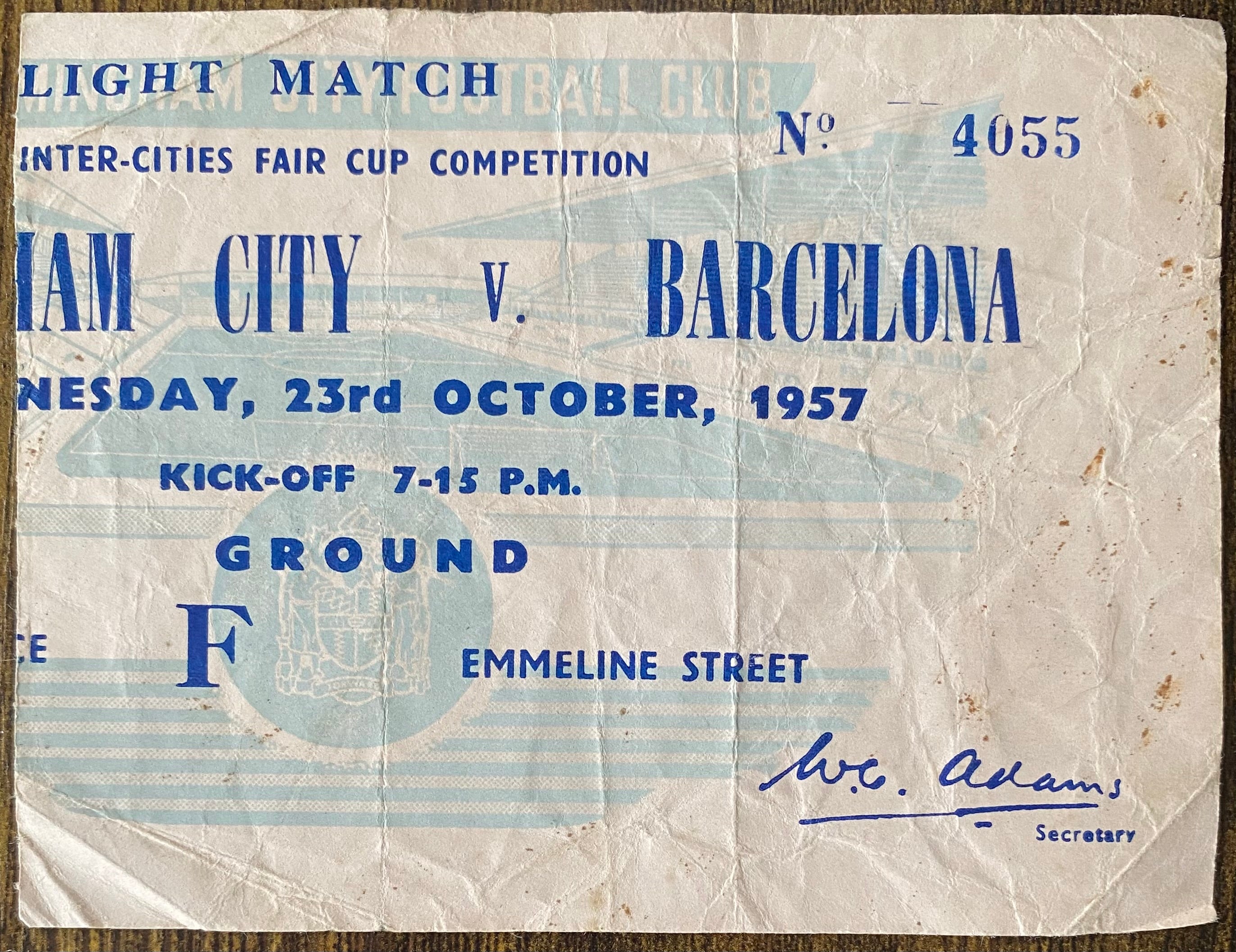 1957/58 ORIGINAL INTER CITIES FAIRS CUP SEMI FINAL 1ST LEG TICKET BIRMINGHAM CITY V BARCELONA