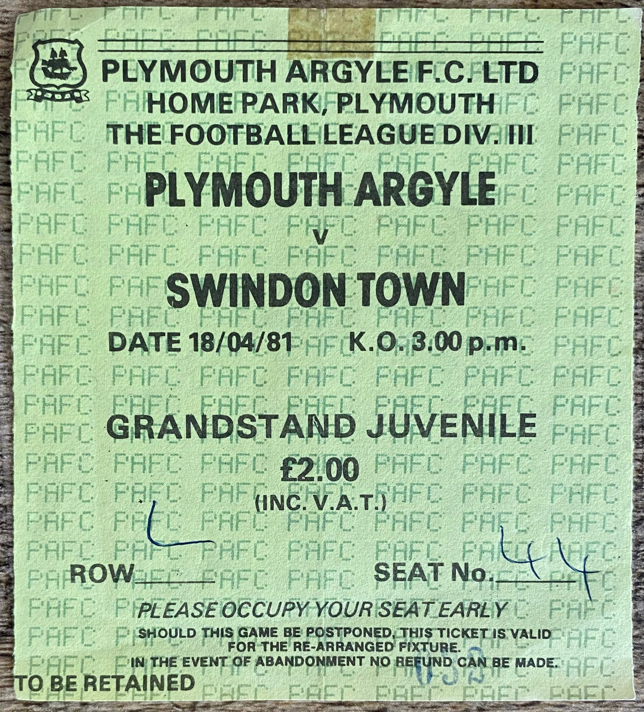 1980/81 ORIGINAL DIVISION 3 TICKET PLYMOUTH ARGYLE V SWINDON TOWN