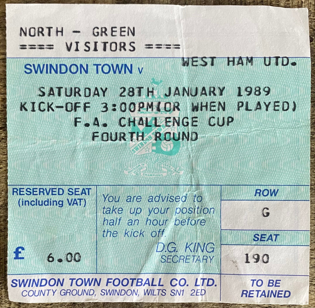 1988/89 ORIGINAL FA CUP 4TH ROUND TICKET SWINDON TOWN V WEST HAM UNITED
