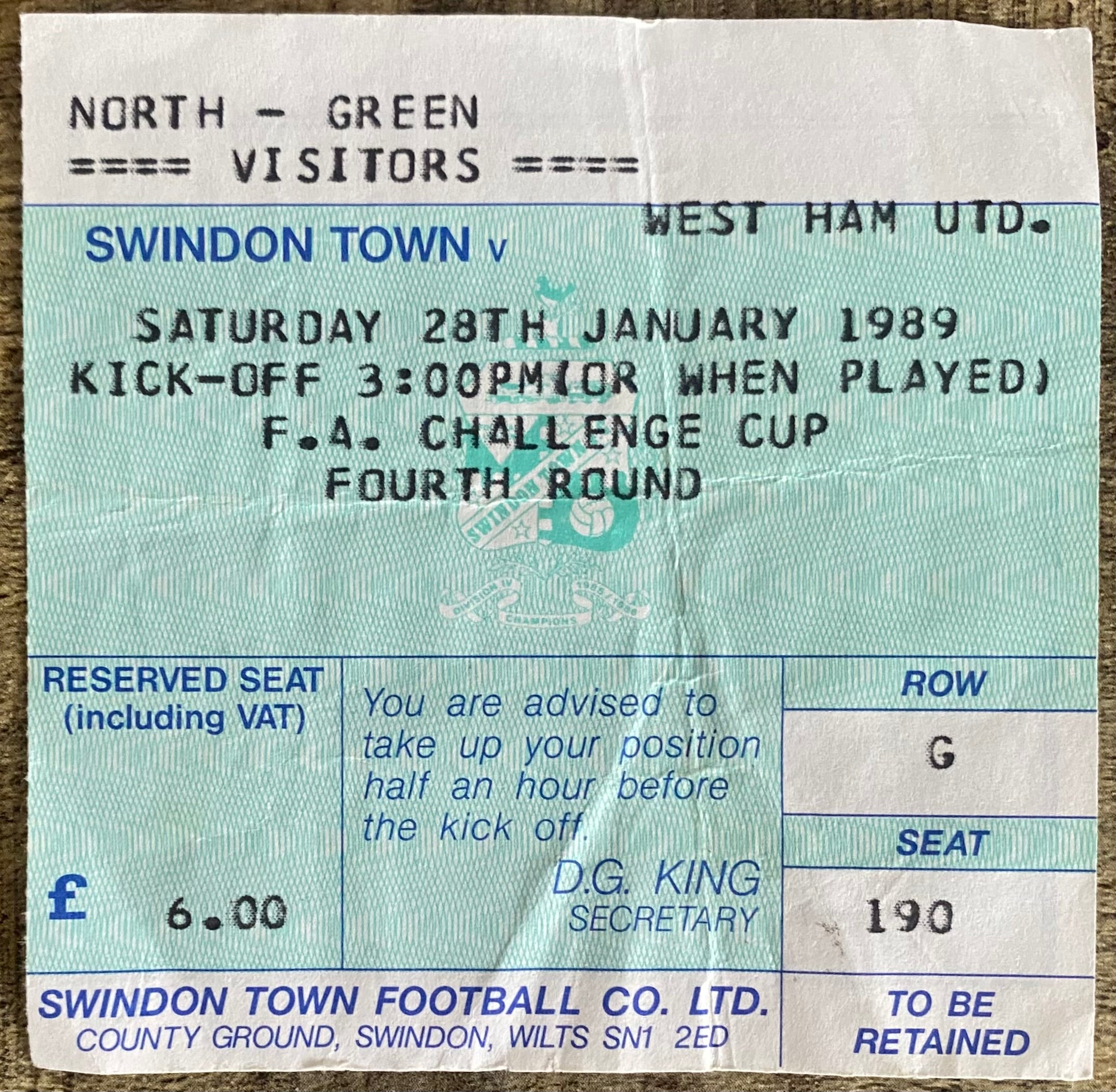 1988/89 ORIGINAL FA CUP 4TH ROUND TICKET SWINDON TOWN V WEST HAM UNITED
