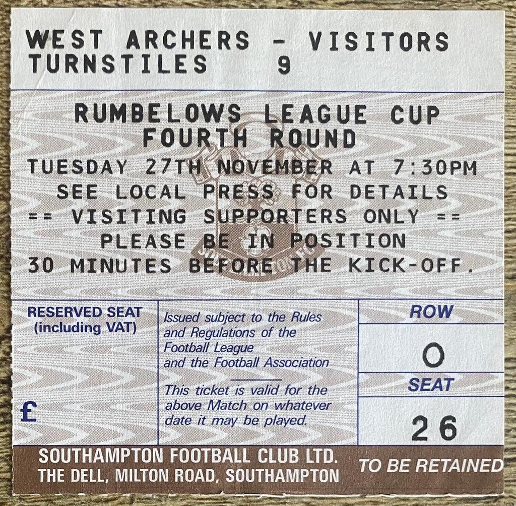 1990/91 ORIGINAL RUMBELOWS CUP 4TH ROUND TICKET SOUTHAMPTON V CRYSTAL PALACE