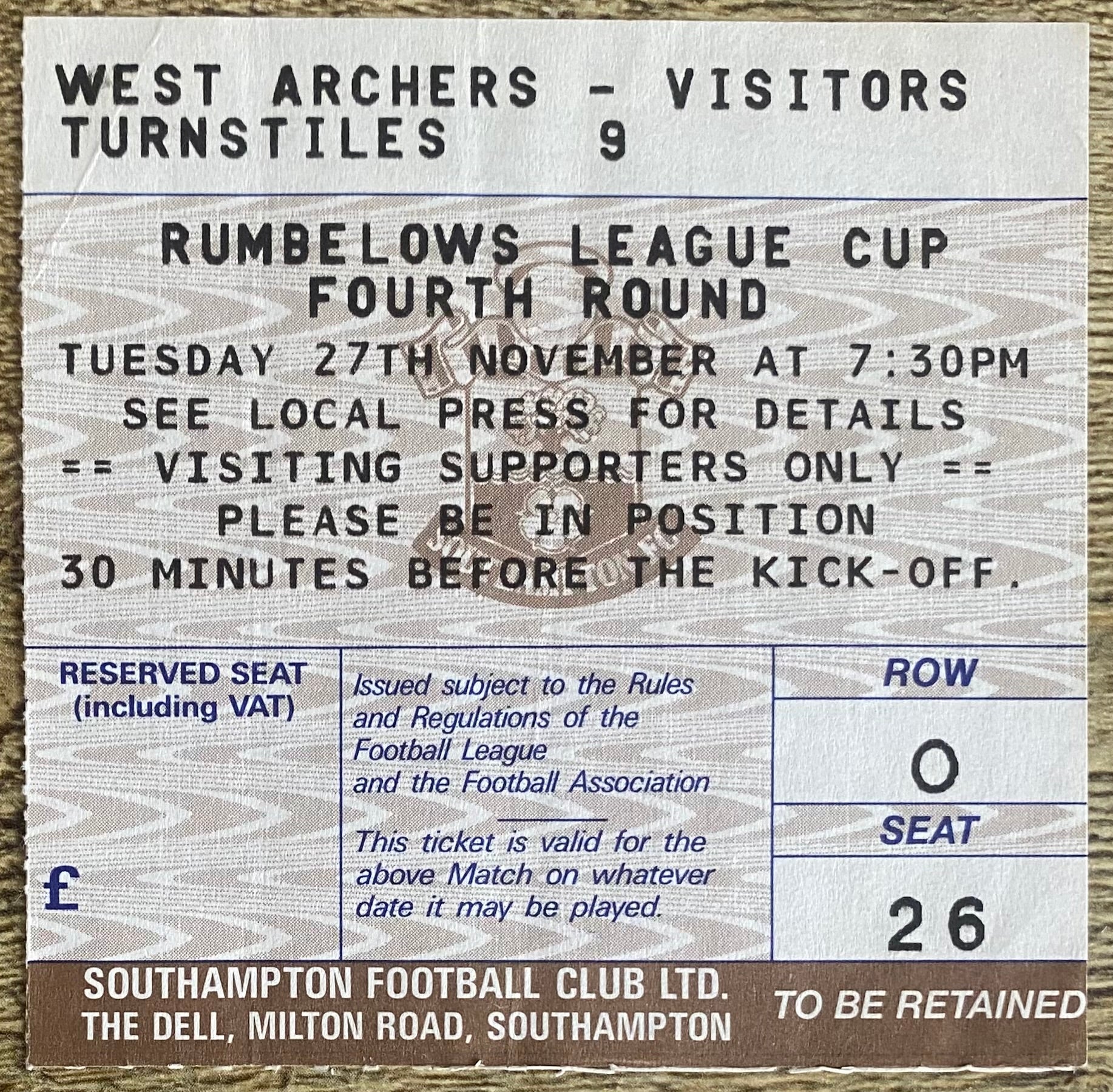 1990/91 ORIGINAL RUMBELOWS CUP 4TH ROUND TICKET SOUTHAMPTON V CRYSTAL PALACE