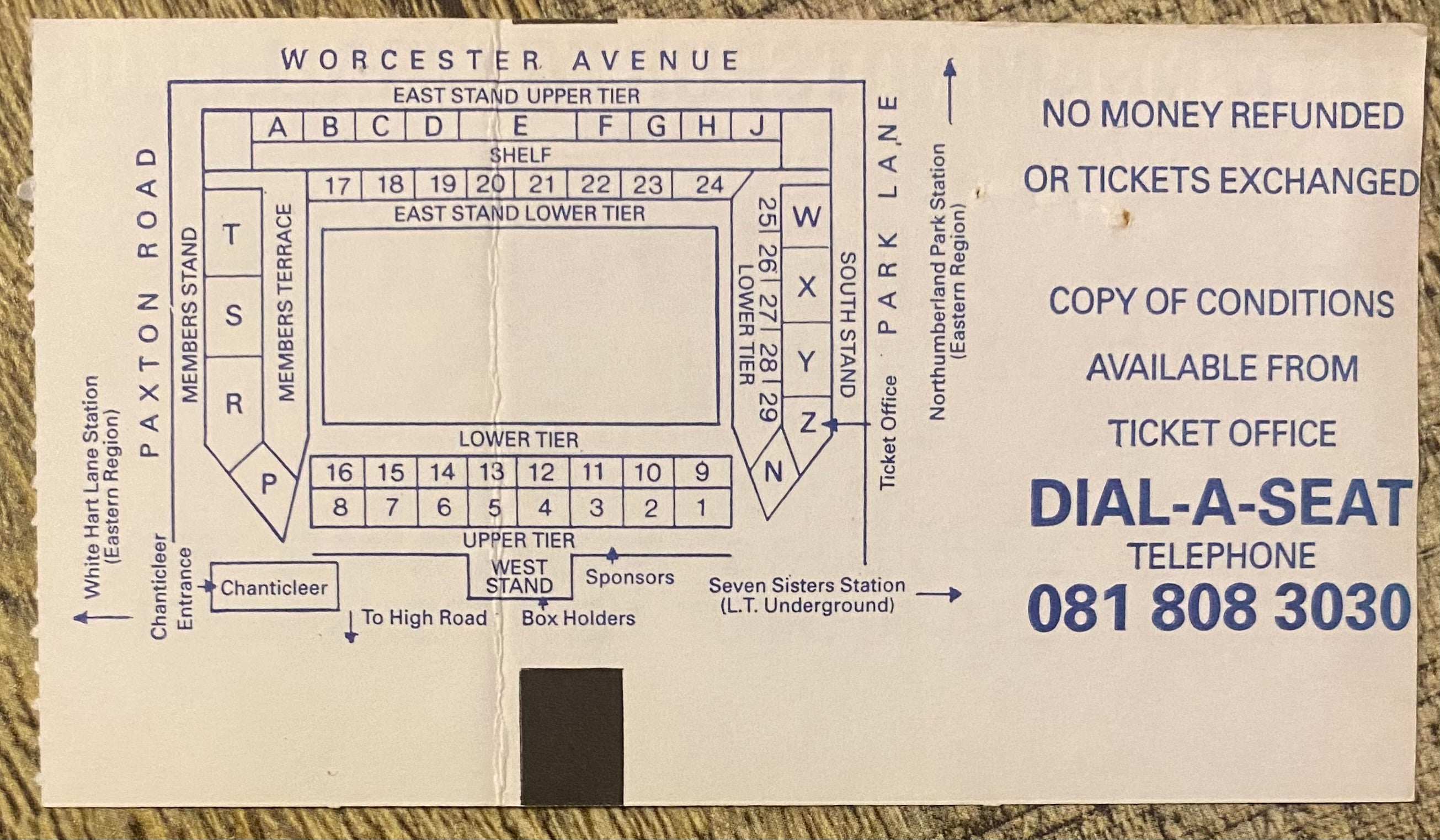 1992/93 ORIGINAL PREMIER LEAGUE TICKET TOTTENHAM HOTSPUR V ASTON VILLA