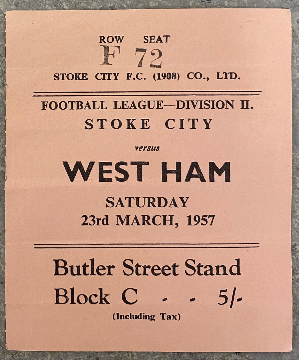 1956/57 ORIGINAL DIVISION 2 TICKET STOKE CITY V WEST HAM UNITED