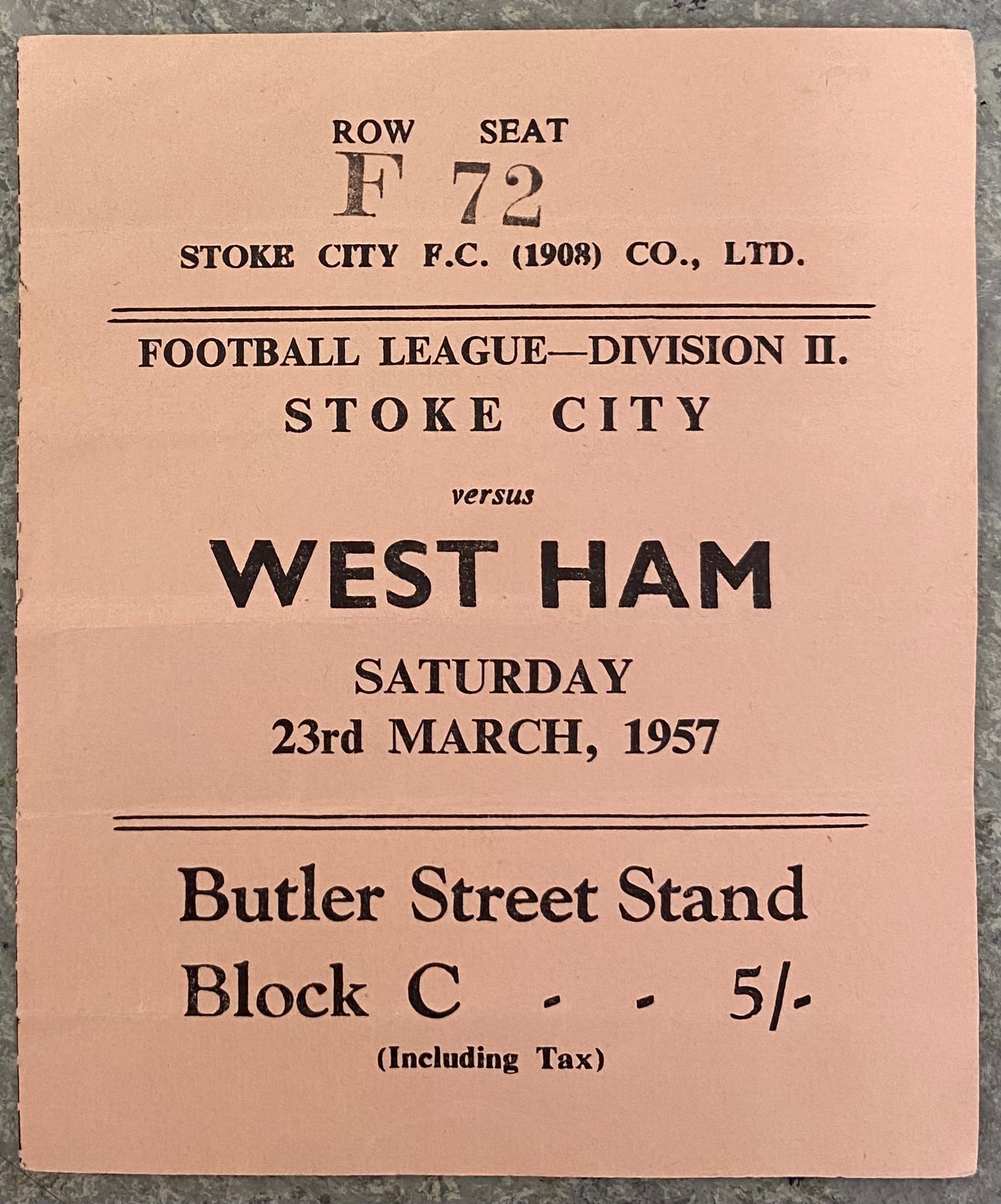 1956/57 ORIGINAL DIVISION 2 TICKET STOKE CITY V WEST HAM UNITED